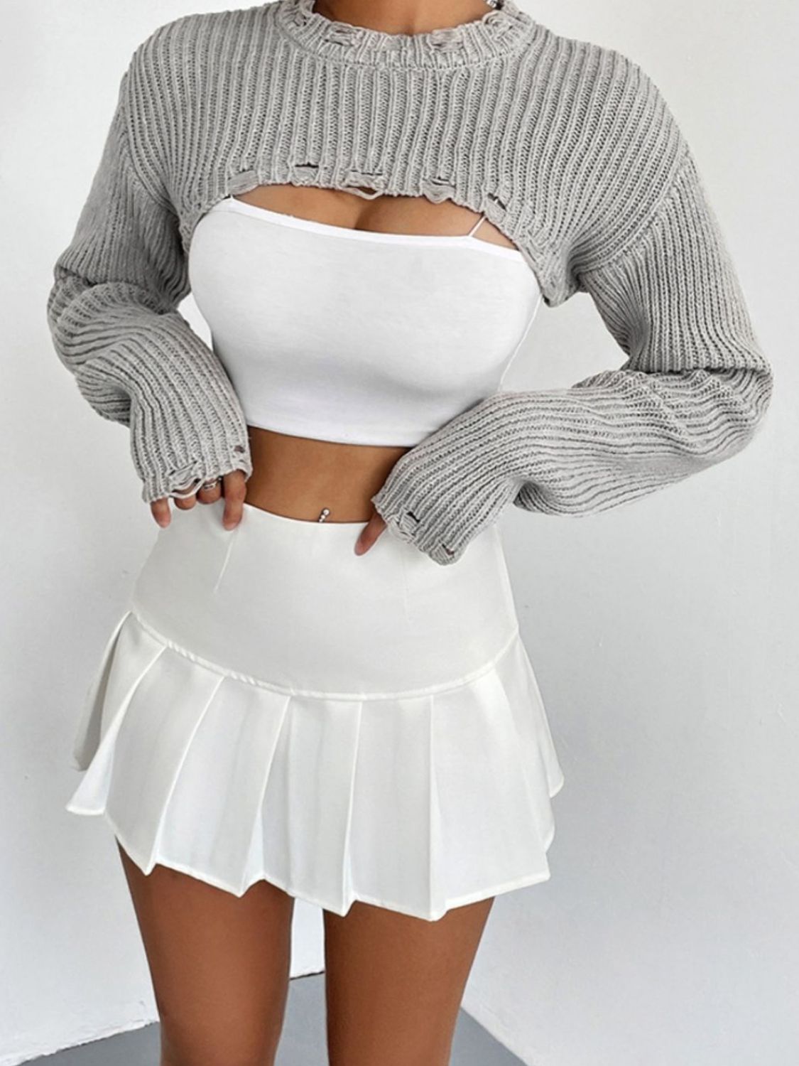 Distressed Long Sleeve Cropped Sweater BLUE ZONE PLANET