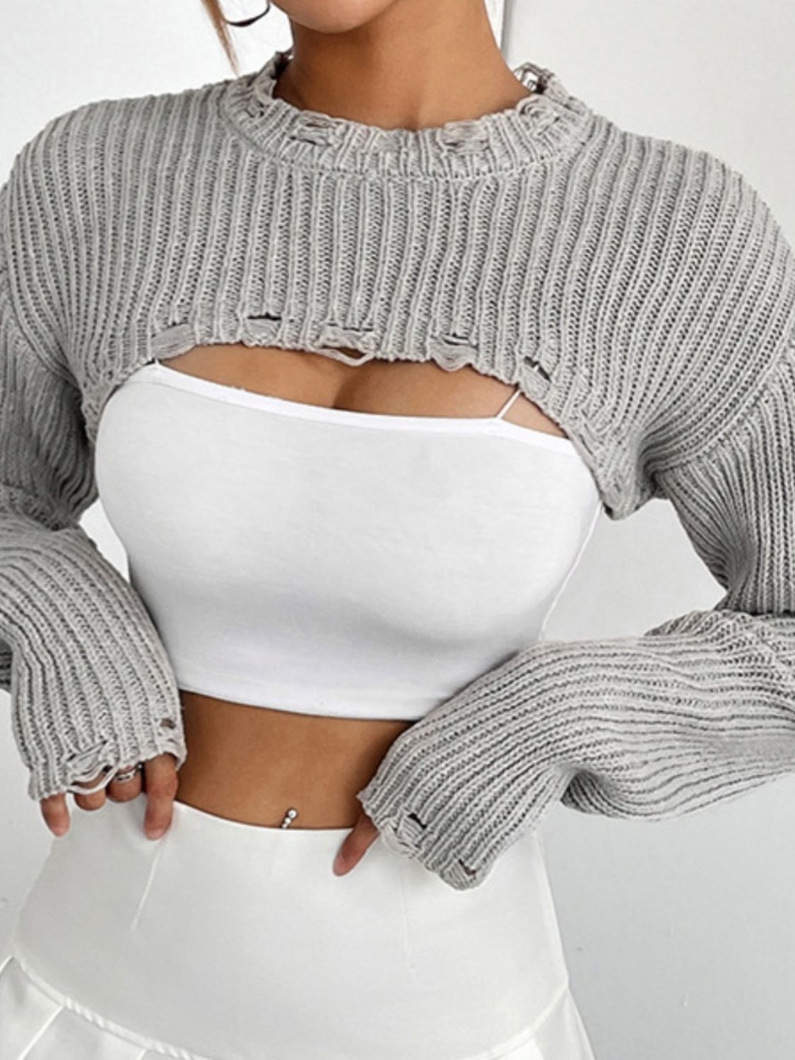 Distressed Long Sleeve Cropped Sweater BLUE ZONE PLANET