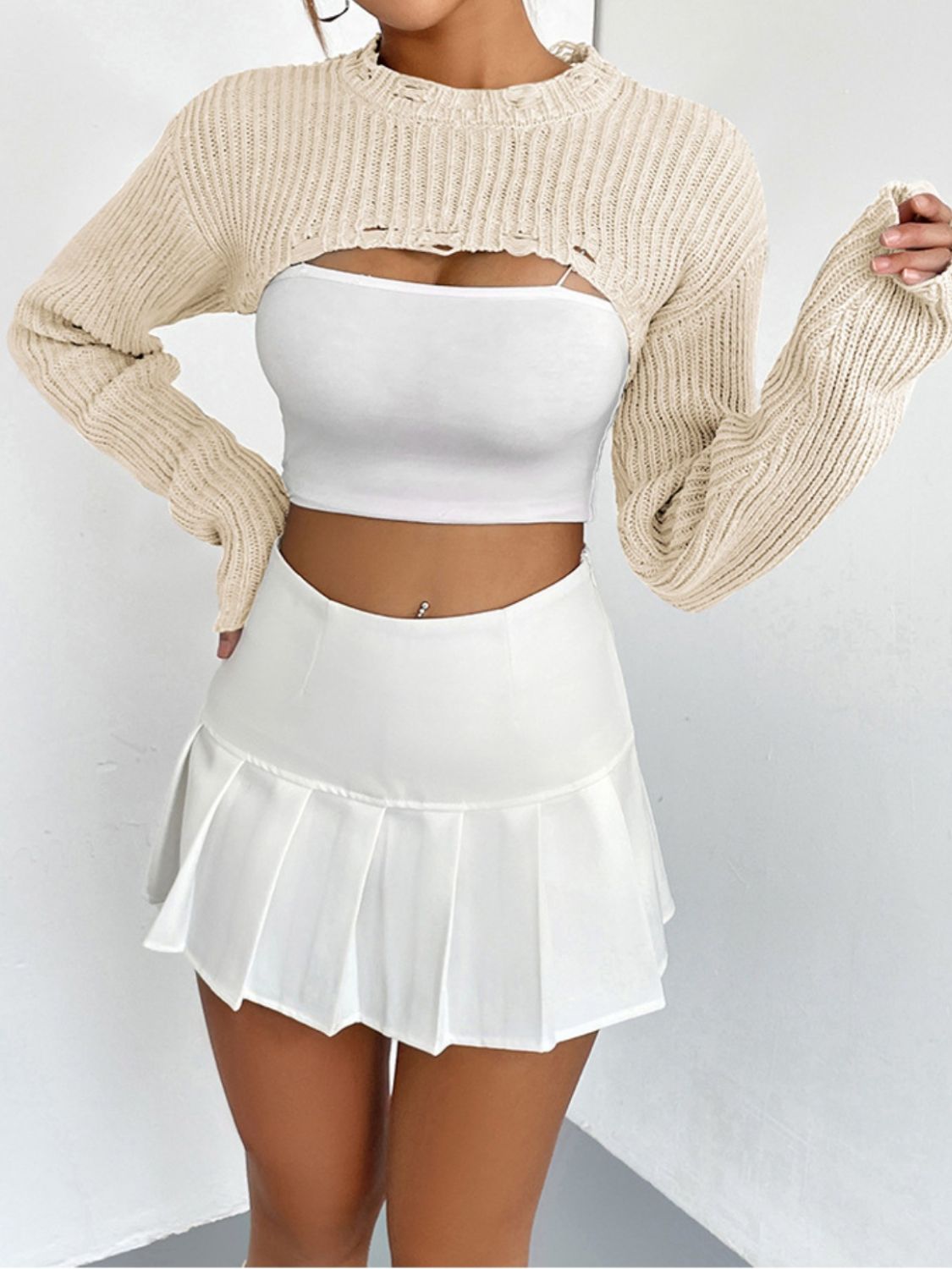 Distressed Long Sleeve Cropped Sweater BLUE ZONE PLANET