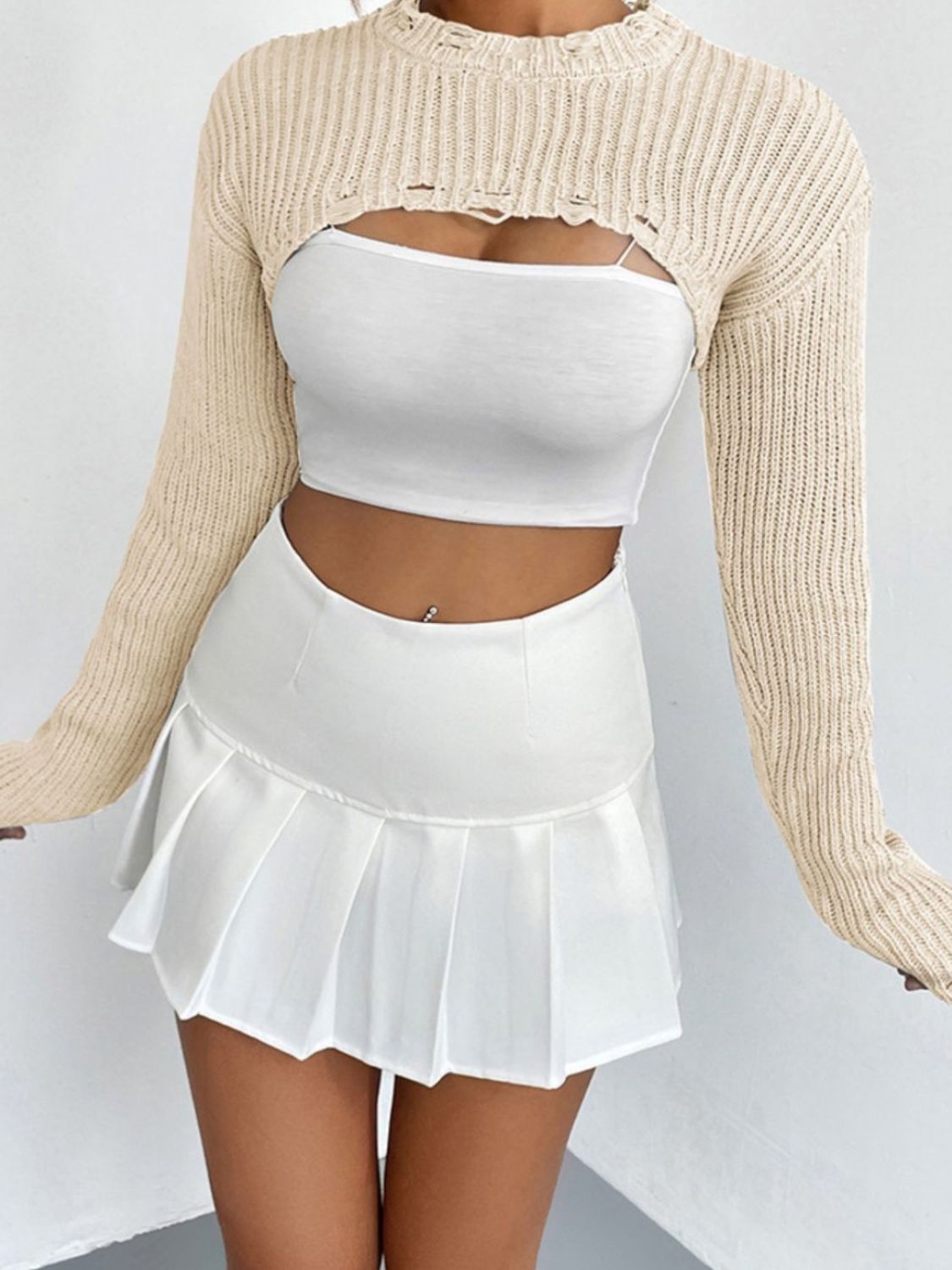 Distressed Long Sleeve Cropped Sweater BLUE ZONE PLANET