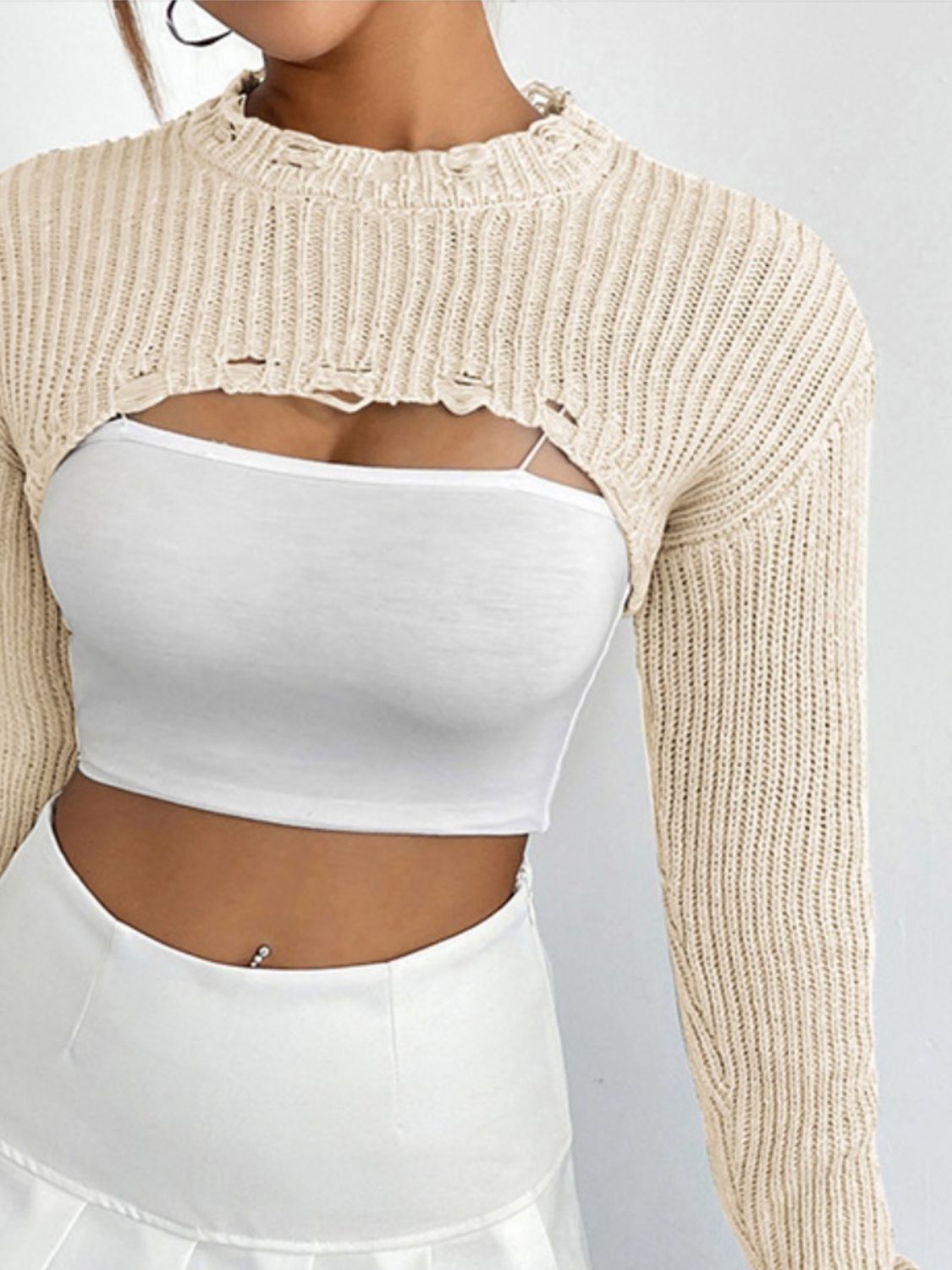 Distressed Long Sleeve Cropped Sweater BLUE ZONE PLANET