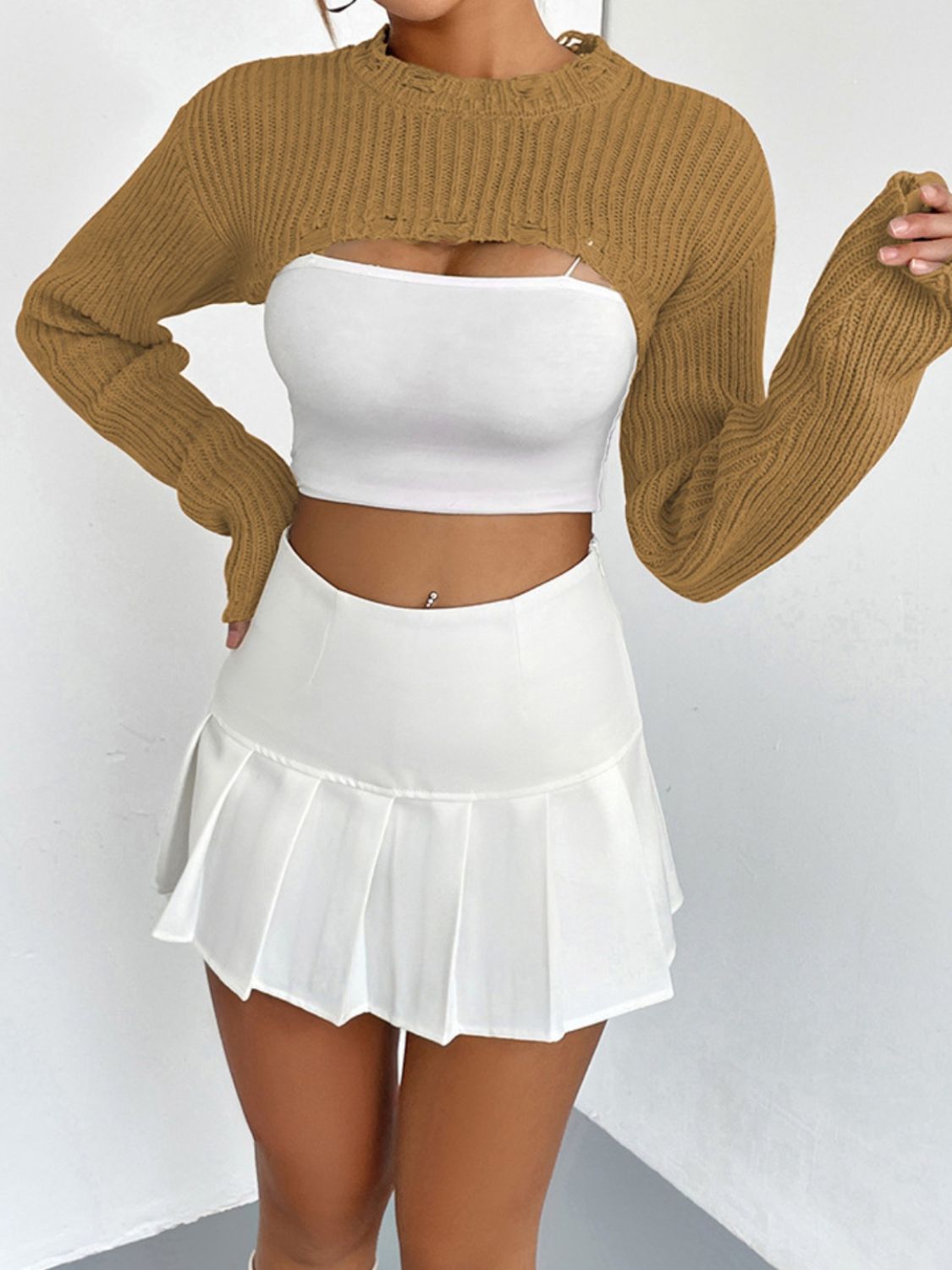 Distressed Long Sleeve Cropped Sweater BLUE ZONE PLANET