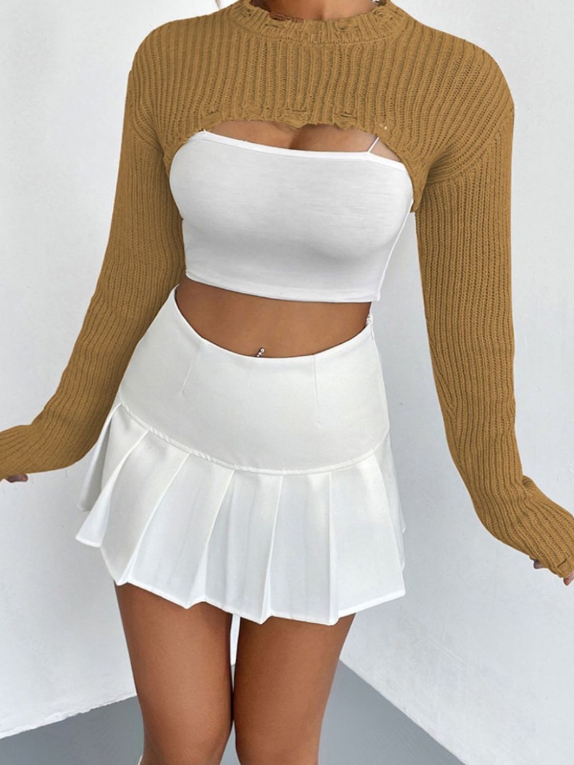 Distressed Long Sleeve Cropped Sweater BLUE ZONE PLANET