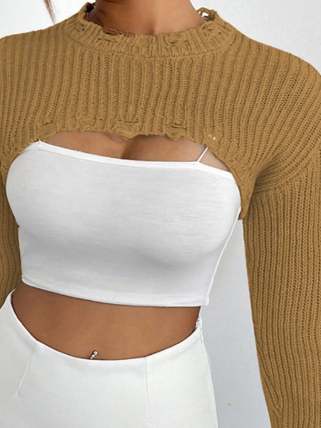 Distressed Long Sleeve Cropped Sweater BLUE ZONE PLANET