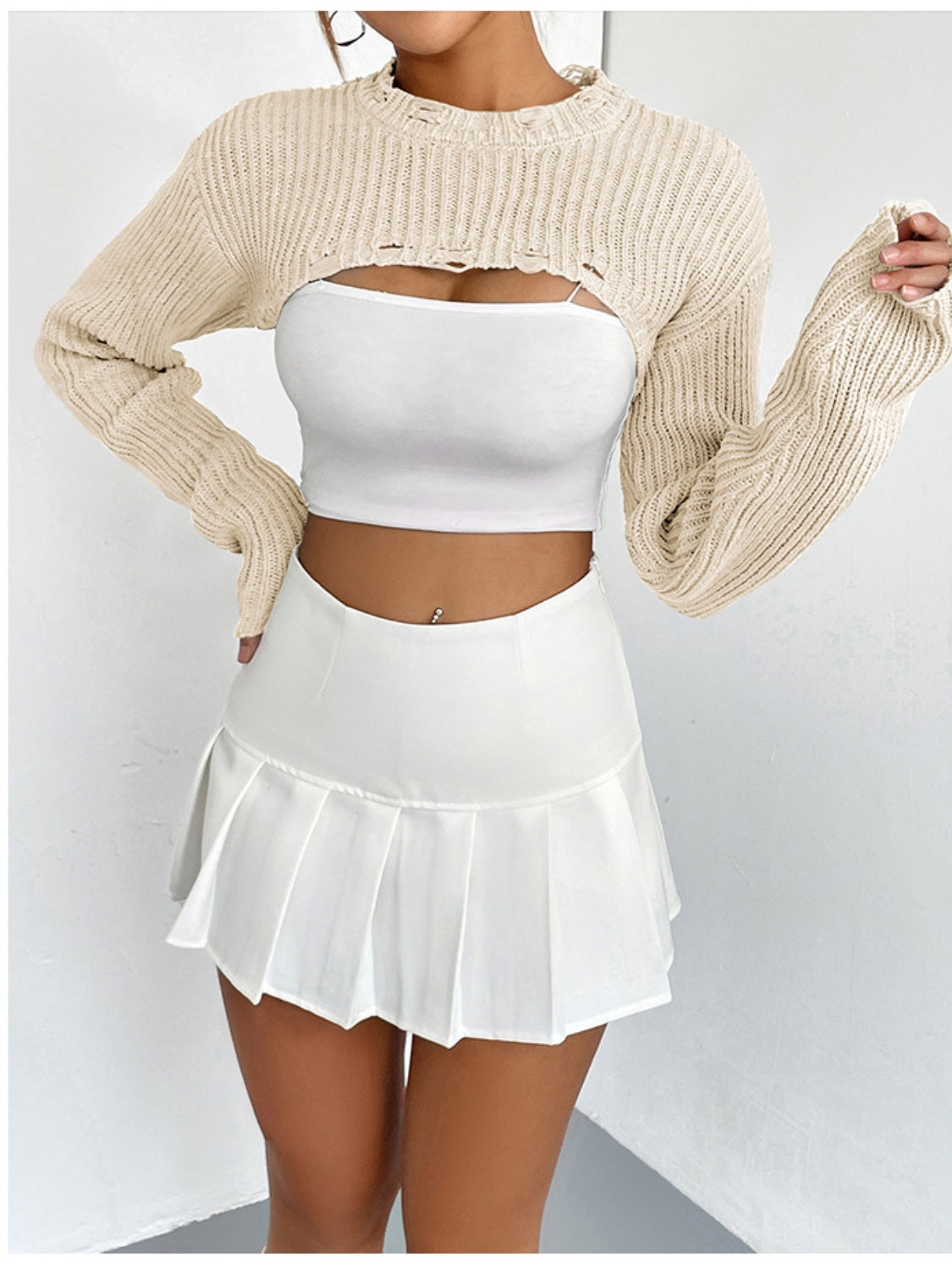 Distressed Long Sleeve Cropped Sweater BLUE ZONE PLANET