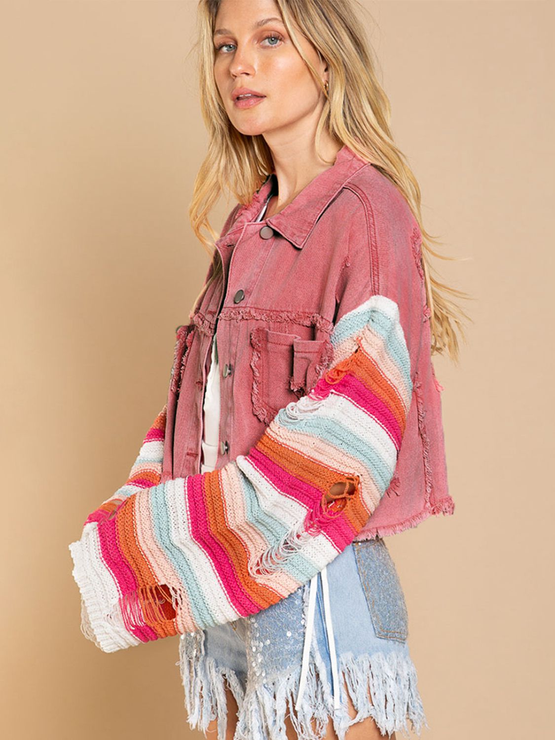 Distressed Striped Long Sleeve Denim Jacket BLUE ZONE PLANET