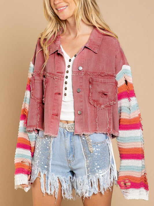 Distressed Striped Long Sleeve Denim Jacket BLUE ZONE PLANET