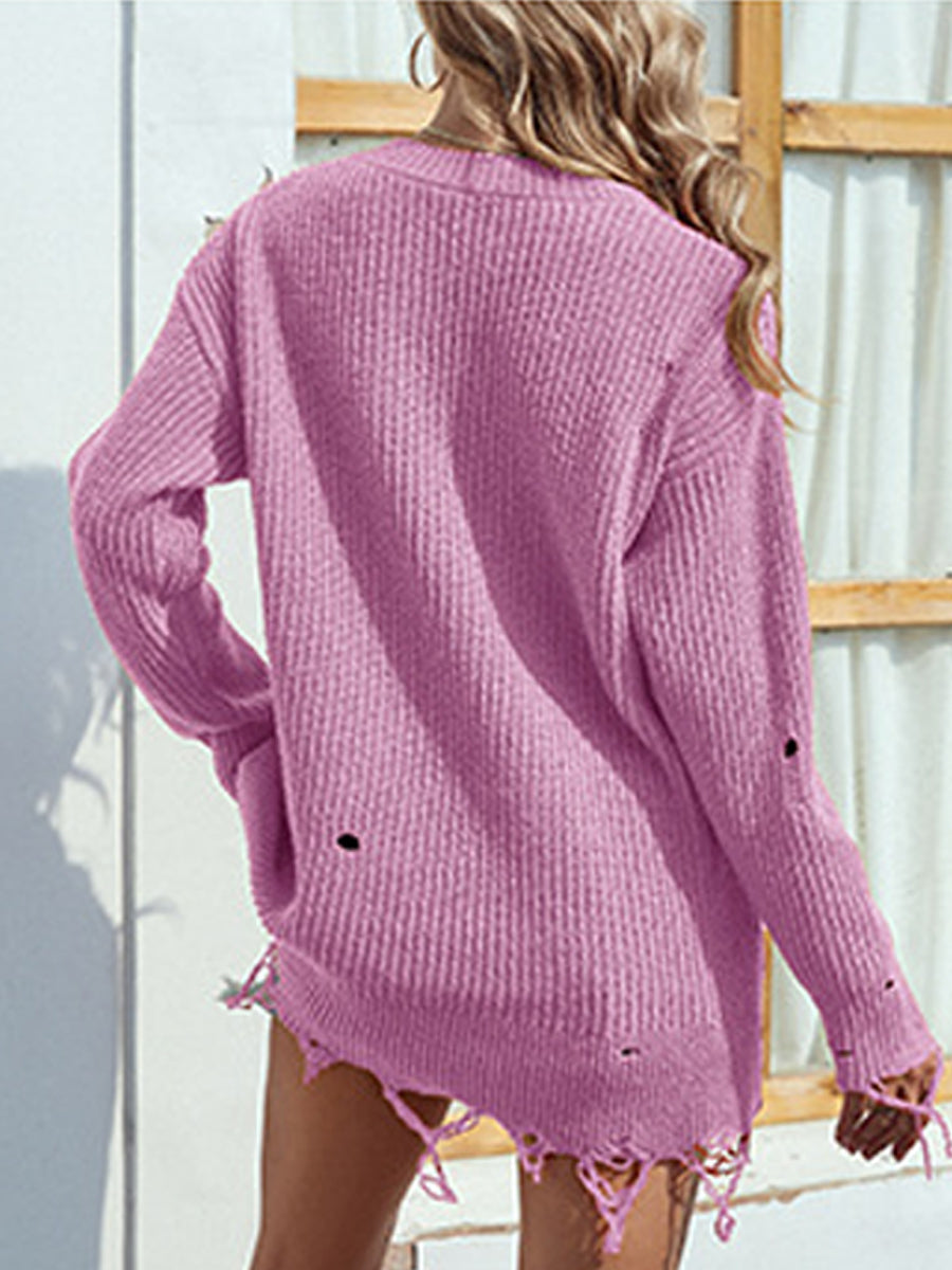 Distressed V-Neck Drop Shoulder Sweater BLUE ZONE PLANET