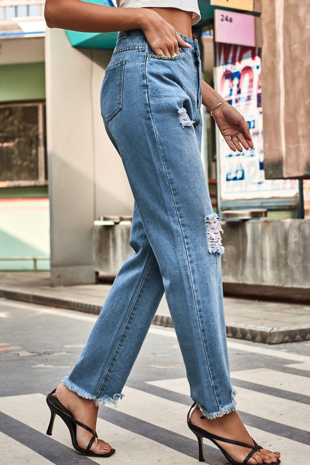 Distresssed Buttoned Loose Fit Jeans BLUE ZONE PLANET