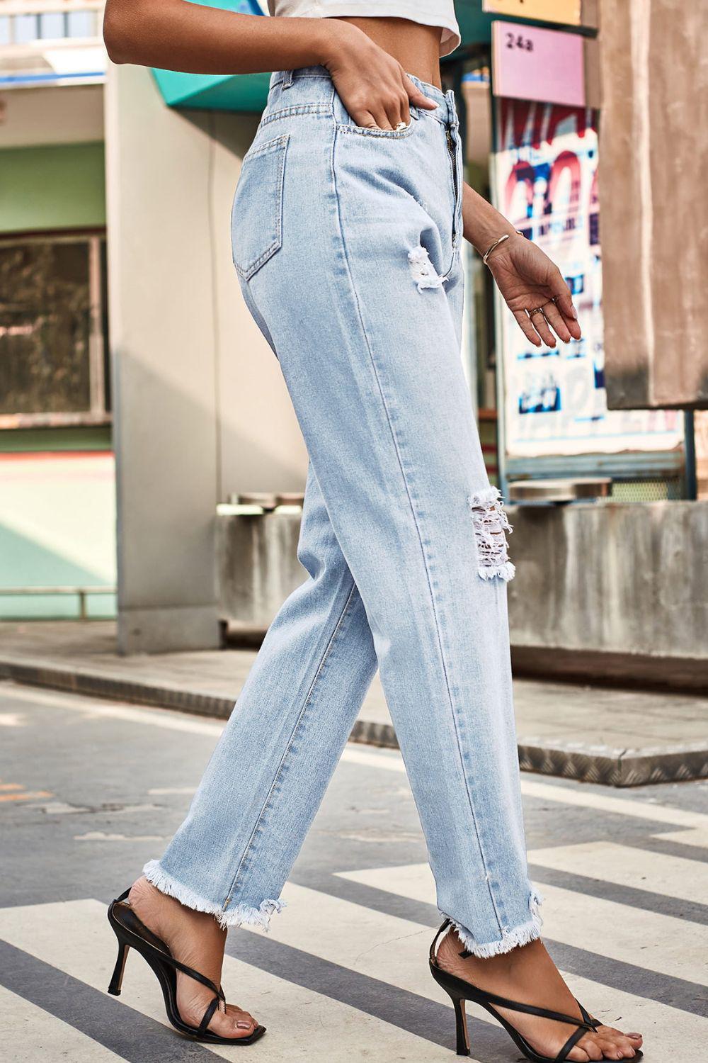 Distresssed Buttoned Loose Fit Jeans BLUE ZONE PLANET