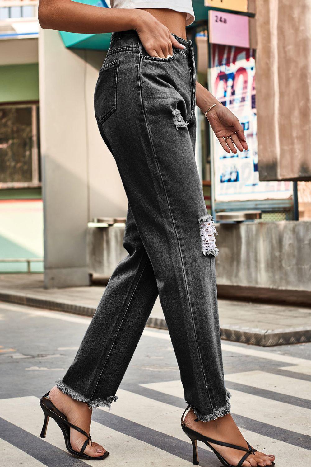 Distresssed Buttoned Loose Fit Jeans BLUE ZONE PLANET