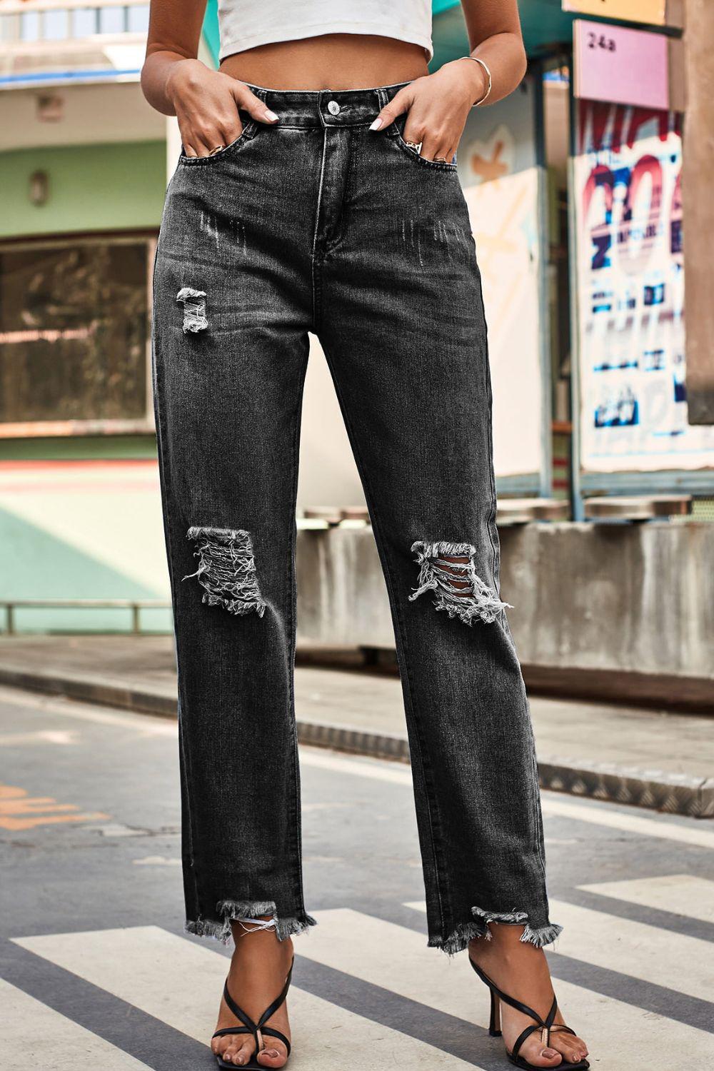 Distresssed Buttoned Loose Fit Jeans BLUE ZONE PLANET