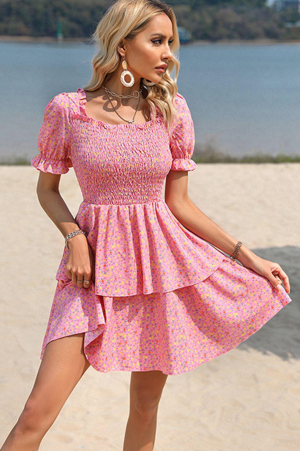 layered summer dresses Boho Watercolor Ruffle Maxi Dress | Multicolor Layered Vacation Gown | Artistic Flowy Summer Dress | Bohemian Beach Party Look