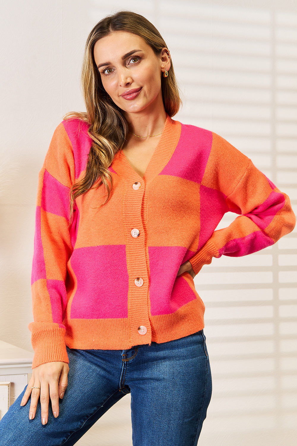 Double Take Checkered V-Neck Dropped Shoulder Cardigan BLUE ZONE PLANET
