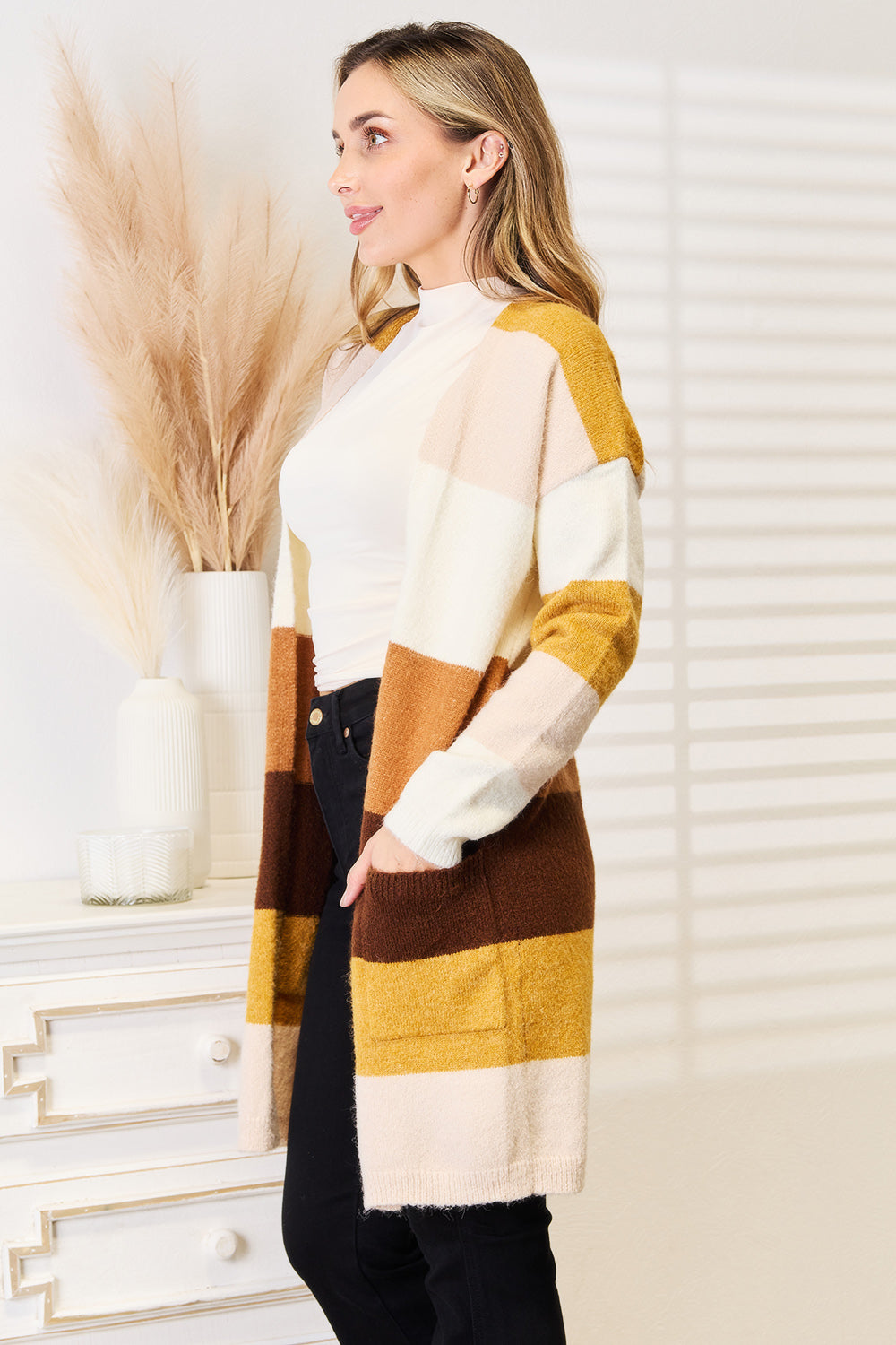 Double Take Color Block Dropped Shoulder Cardigan BLUE ZONE PLANET