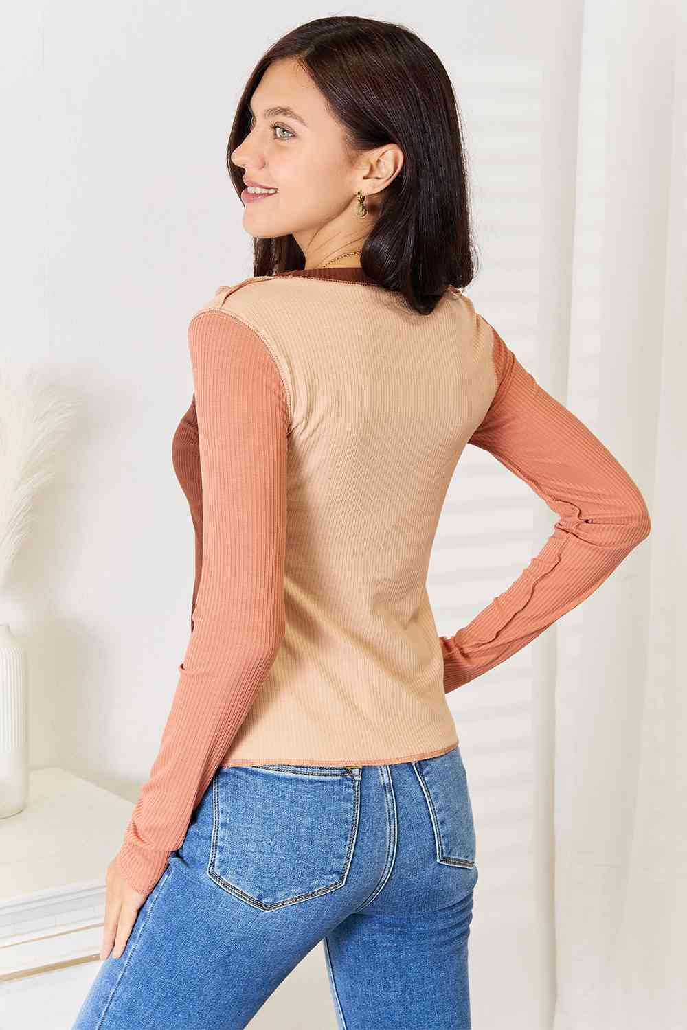 Double Take Color Block Exposed Seam Long Sleeve Top BLUE ZONE PLANET