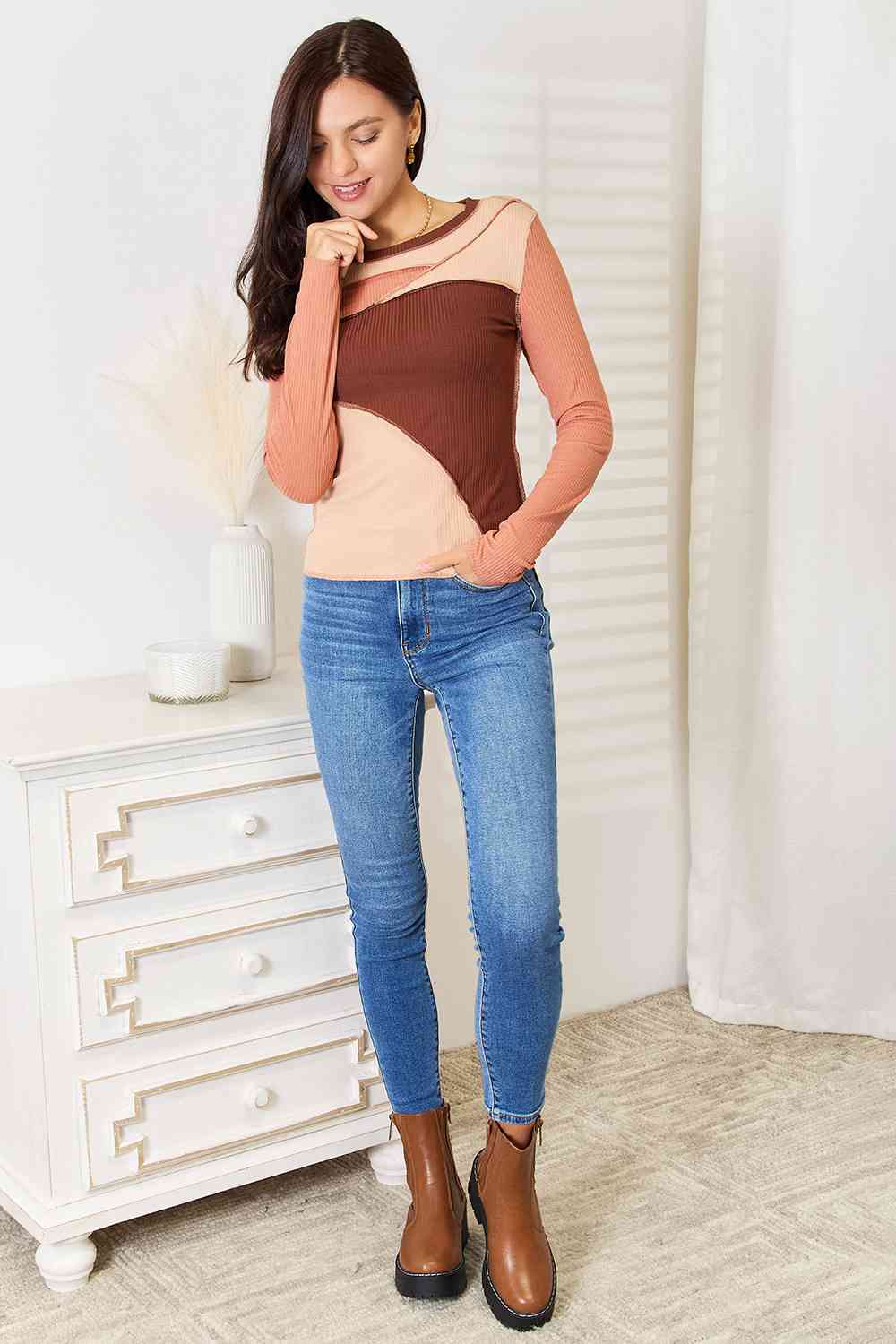 Double Take Color Block Exposed Seam Long Sleeve Top BLUE ZONE PLANET