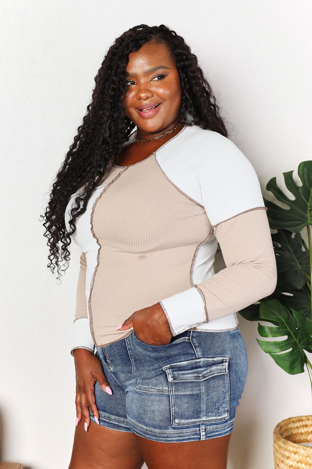 Double Take Color Block Exposed Seam Top BLUE ZONE PLANET
