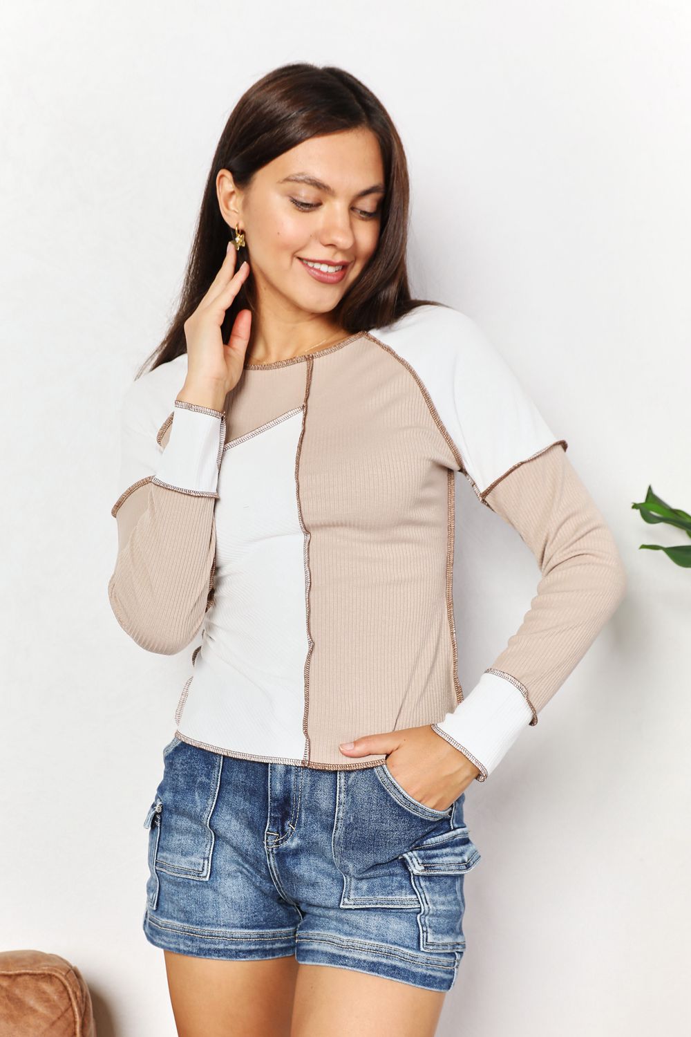 Double Take Color Block Exposed Seam Top BLUE ZONE PLANET