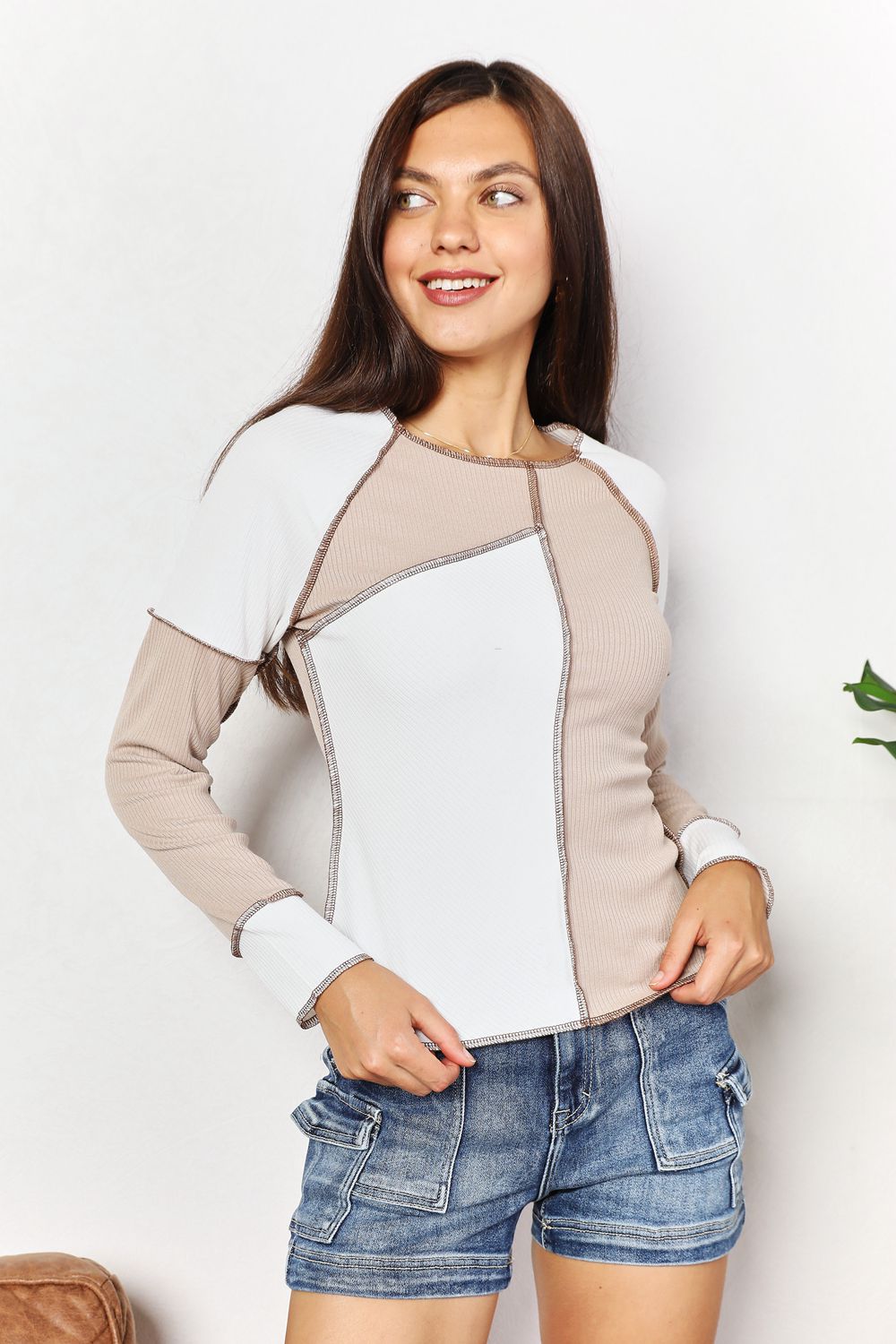 Double Take Color Block Exposed Seam Top BLUE ZONE PLANET