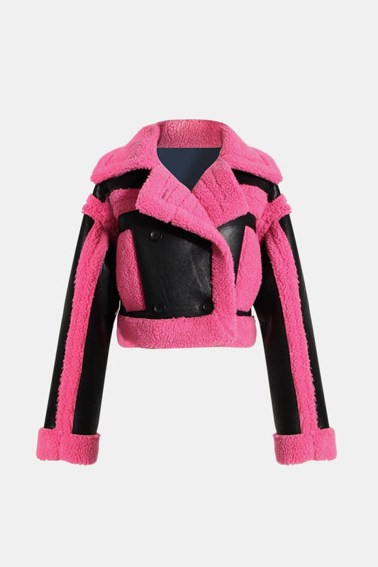 Double Take Contrast Color Double-Breasted Jacket BLUE ZONE PLANET