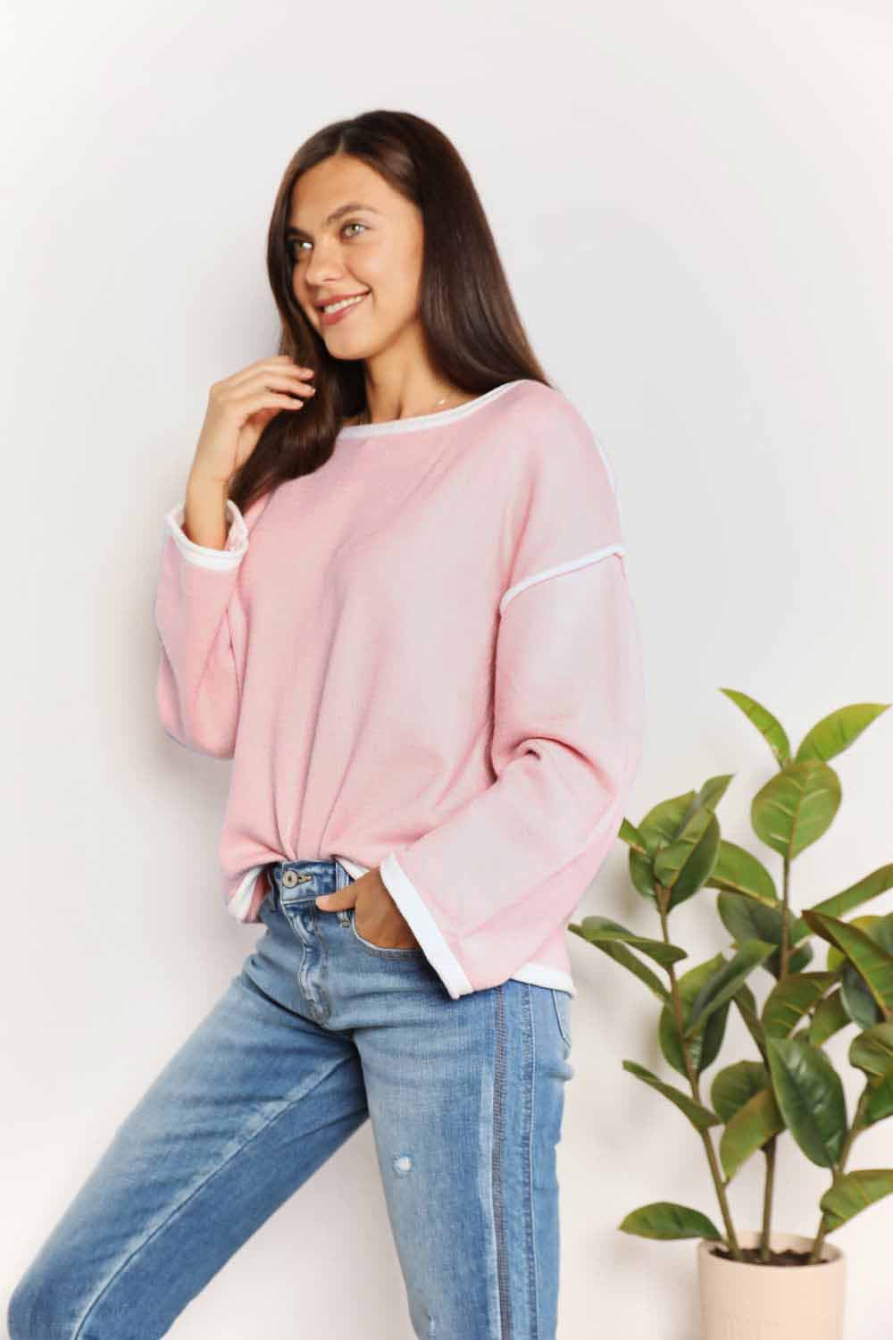 Double Take Contrast Detail Dropped Shoulder Knit Top BLUE ZONE PLANET