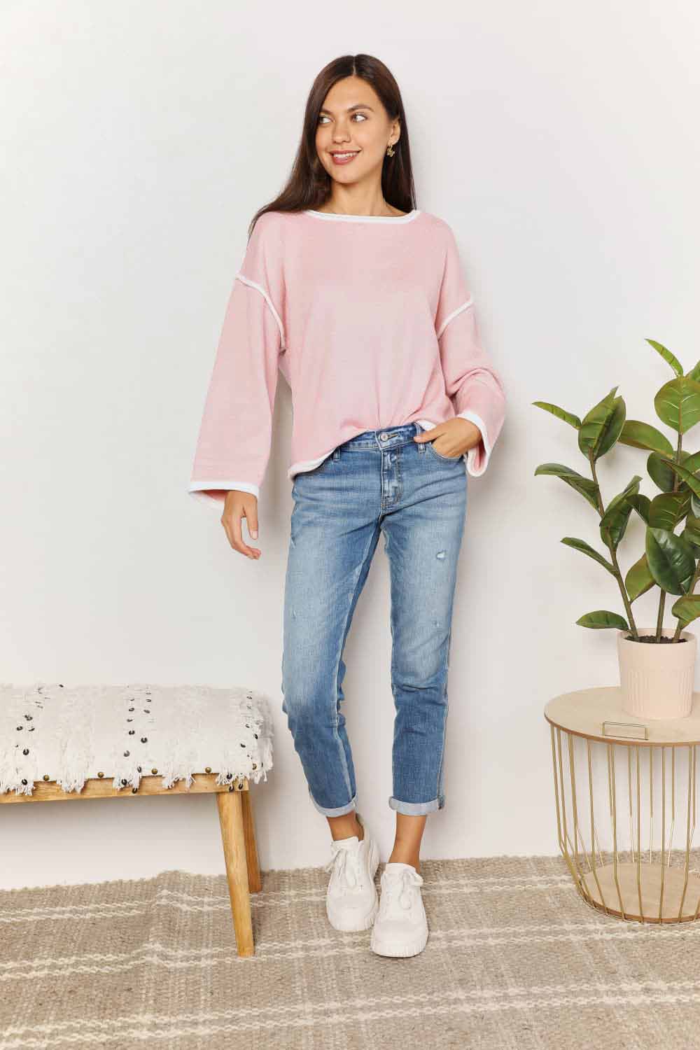 Double Take Contrast Detail Dropped Shoulder Knit Top BLUE ZONE PLANET