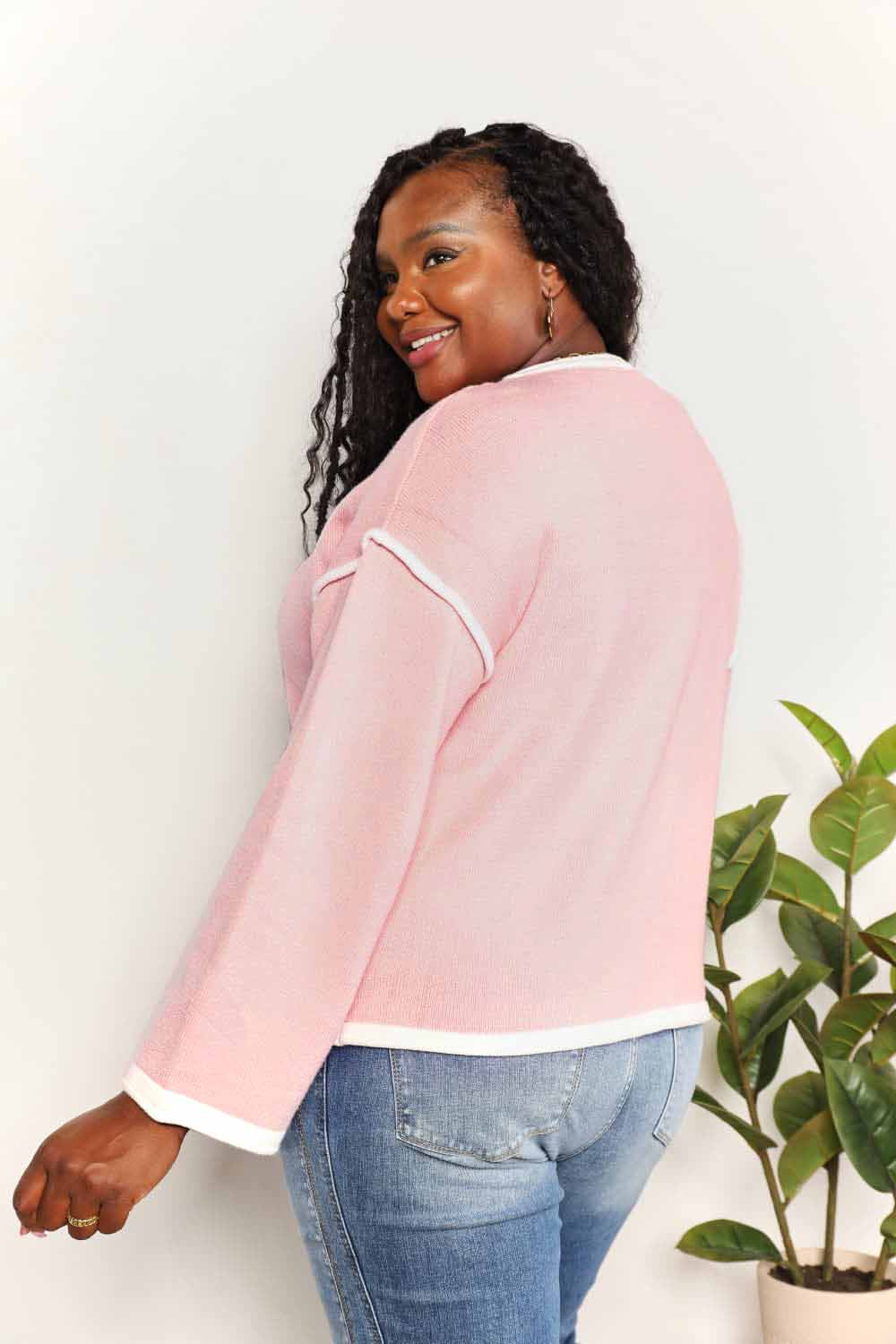 Double Take Contrast Detail Dropped Shoulder Knit Top BLUE ZONE PLANET