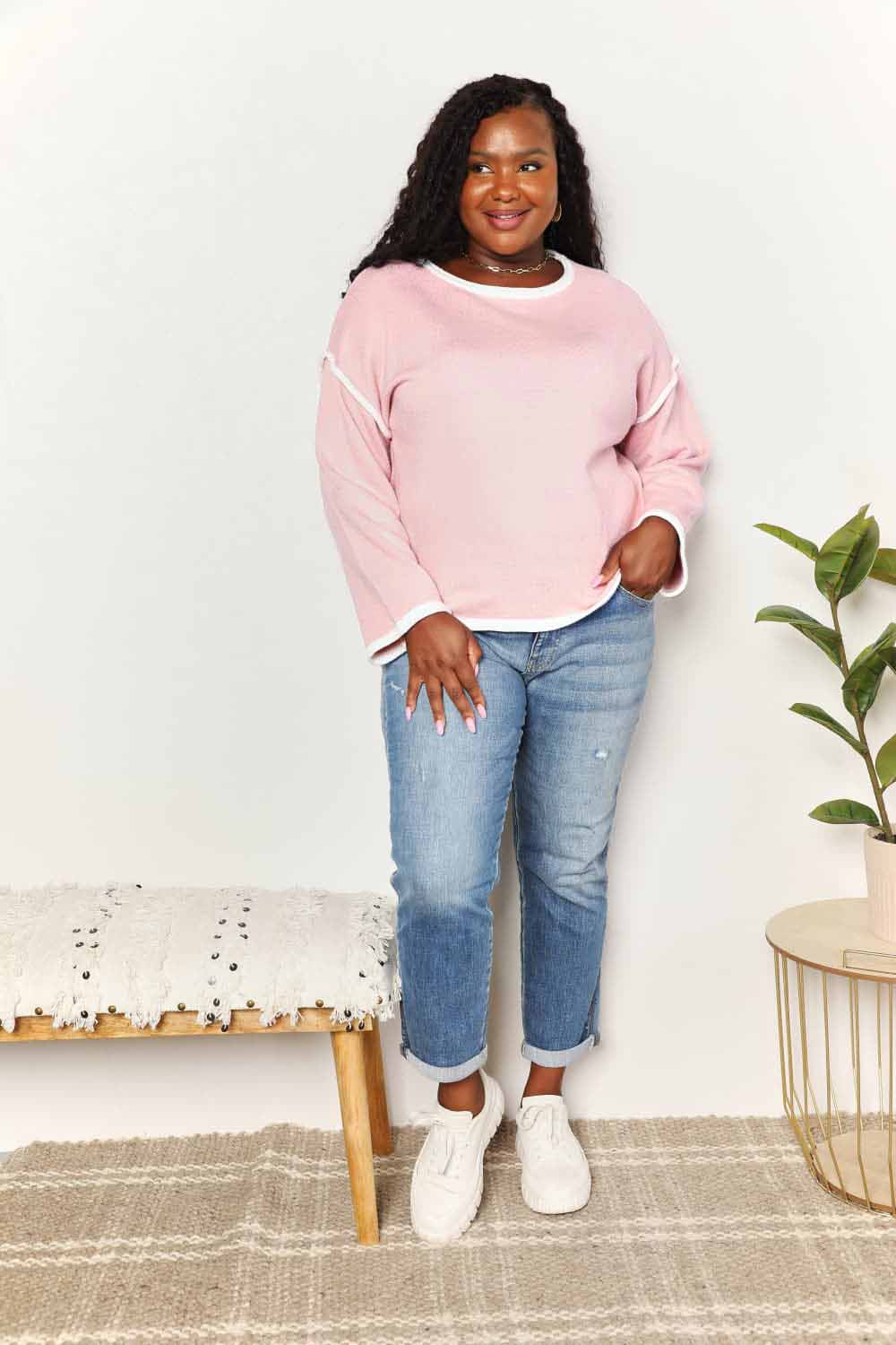 Double Take Contrast Detail Dropped Shoulder Knit Top BLUE ZONE PLANET