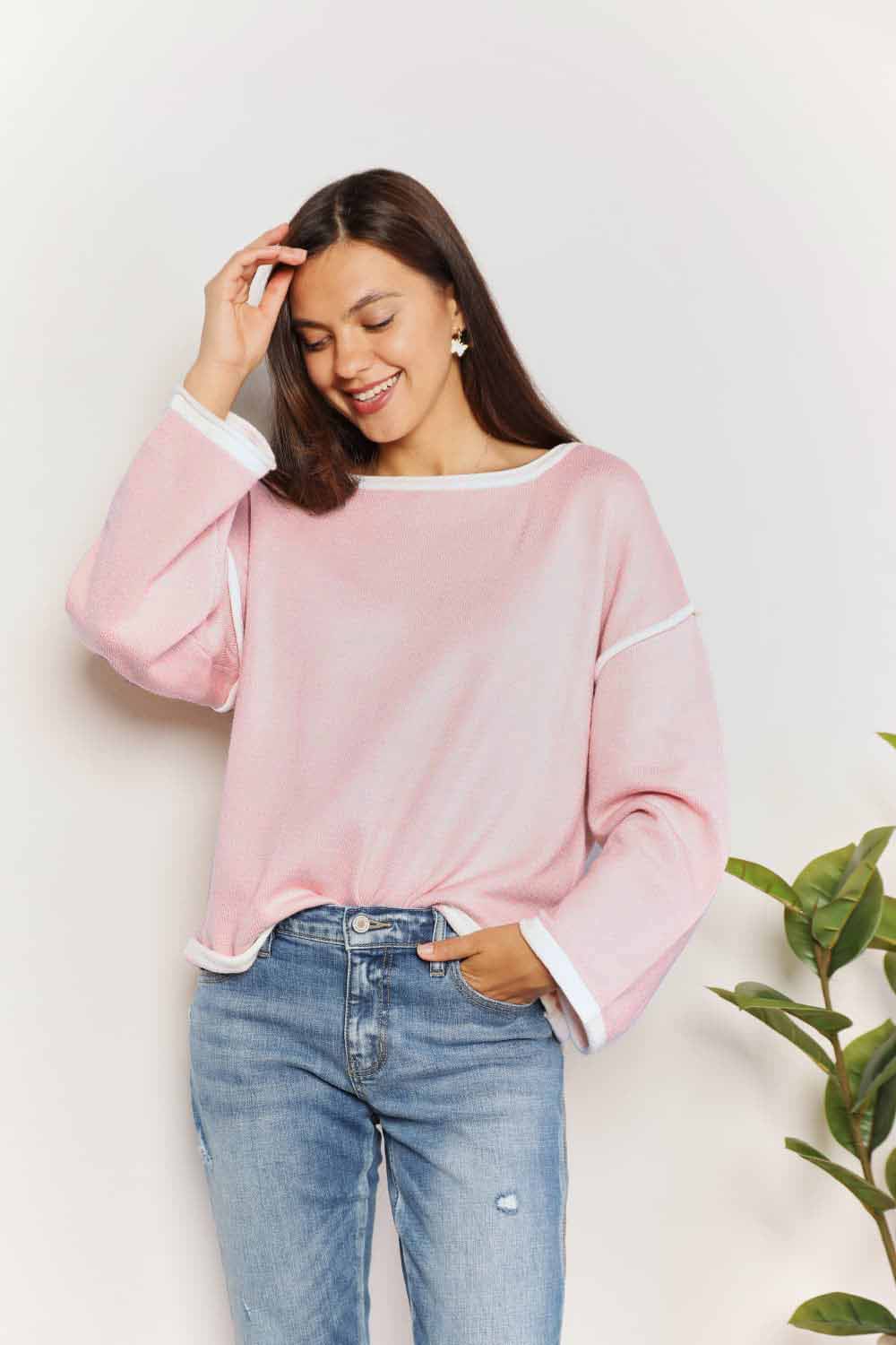 Double Take Contrast Detail Dropped Shoulder Knit Top BLUE ZONE PLANET