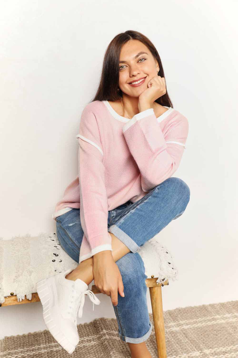 Double Take Contrast Detail Dropped Shoulder Knit Top BLUE ZONE PLANET