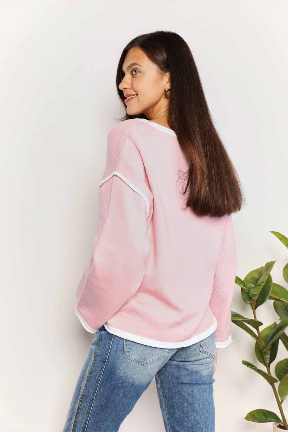 Double Take Contrast Detail Dropped Shoulder Knit Top BLUE ZONE PLANET