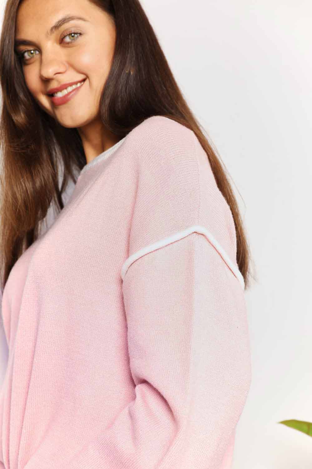 Double Take Contrast Detail Dropped Shoulder Knit Top BLUE ZONE PLANET