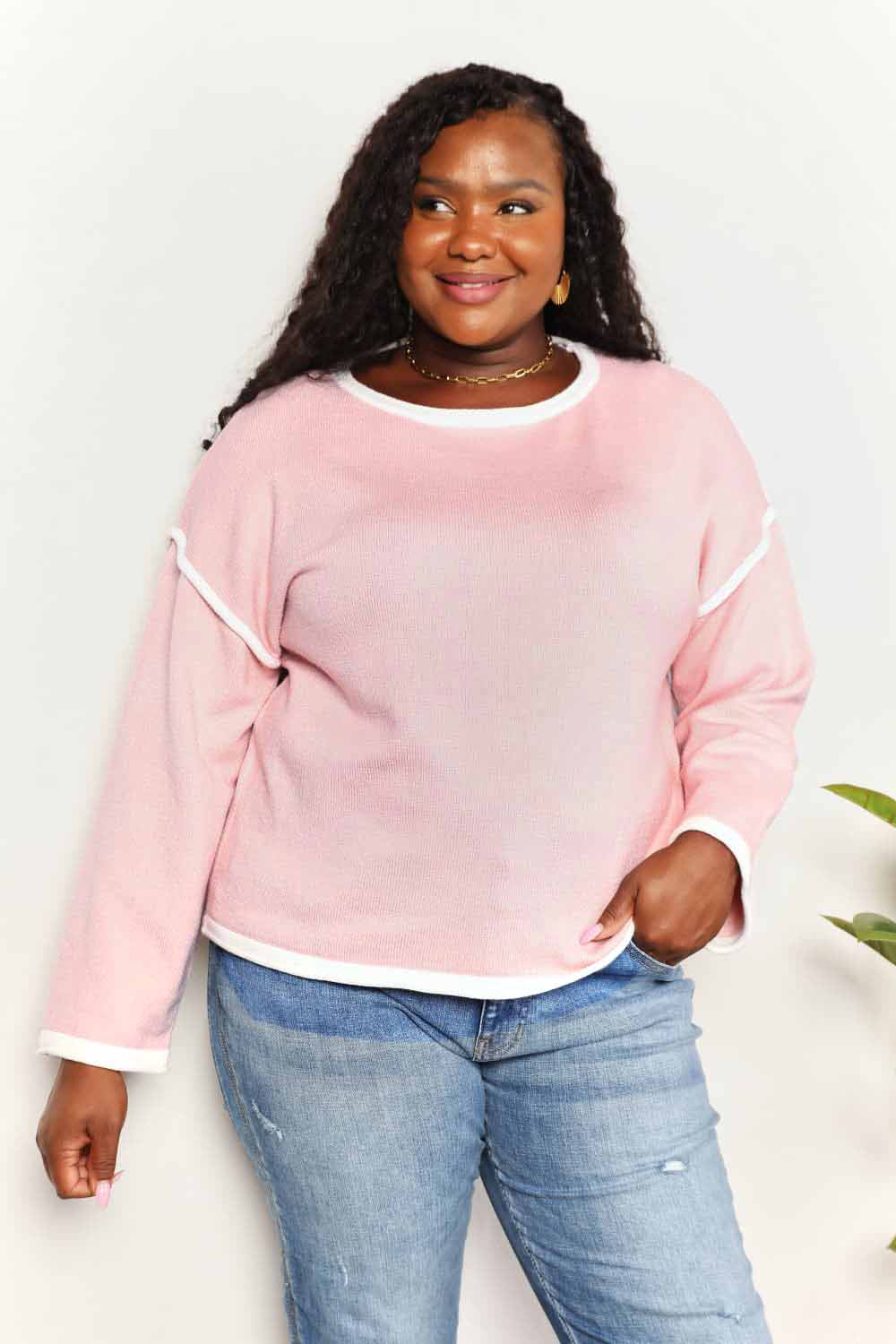 Double Take Contrast Detail Dropped Shoulder Knit Top BLUE ZONE PLANET