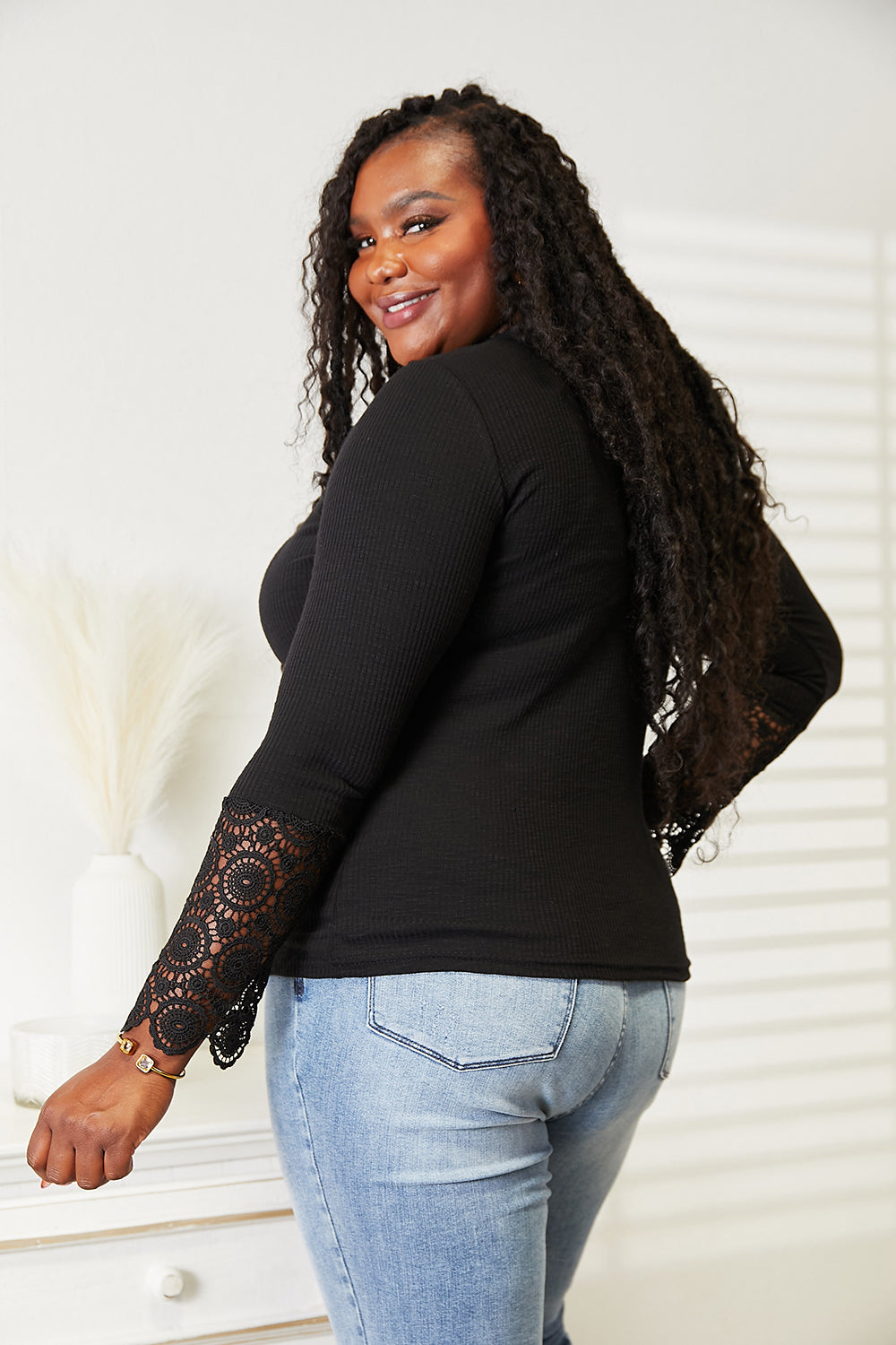 Double Take Crochet Lace Hem Sleeve Button Top BLUE ZONE PLANET