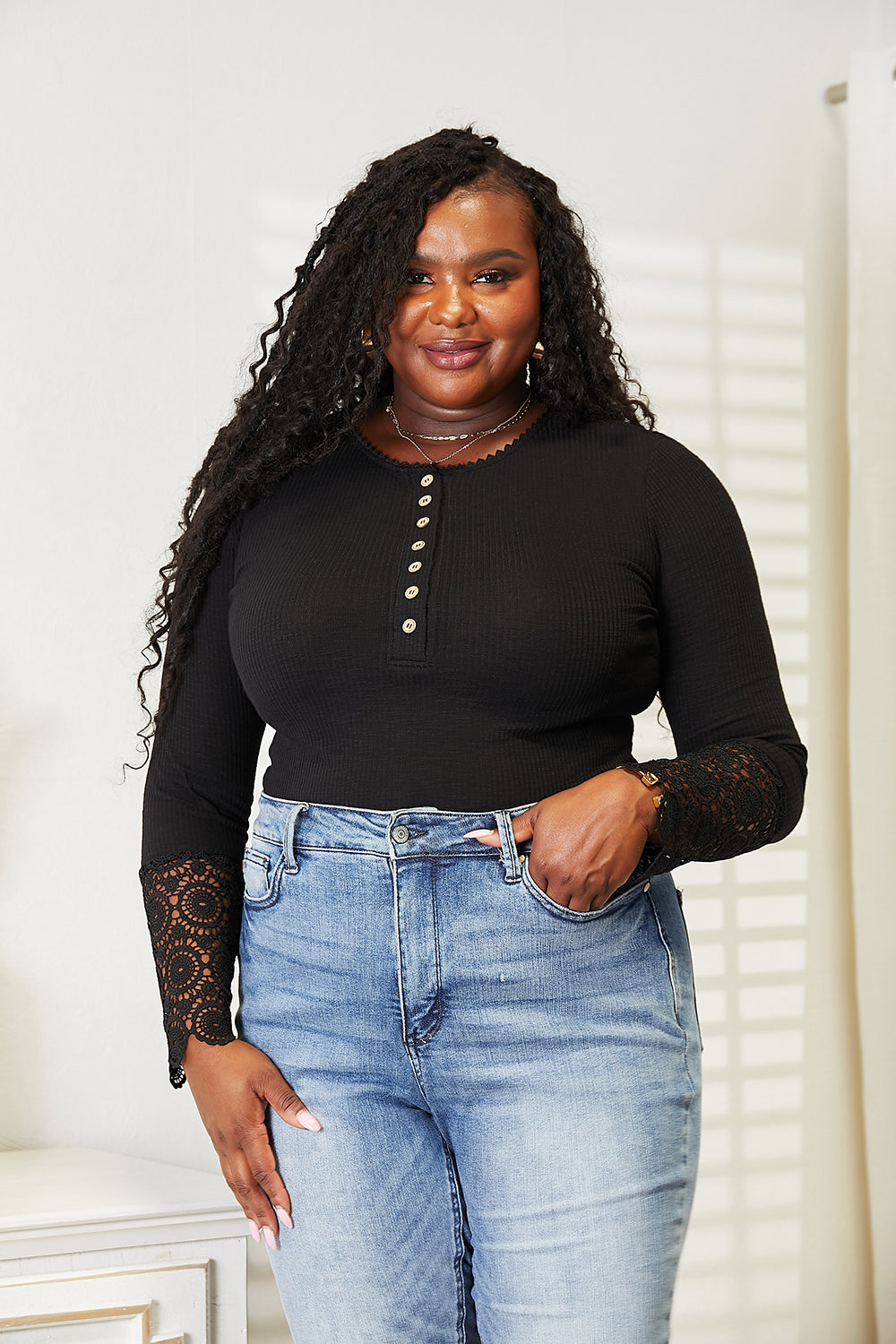 Double Take Crochet Lace Hem Sleeve Button Top BLUE ZONE PLANET