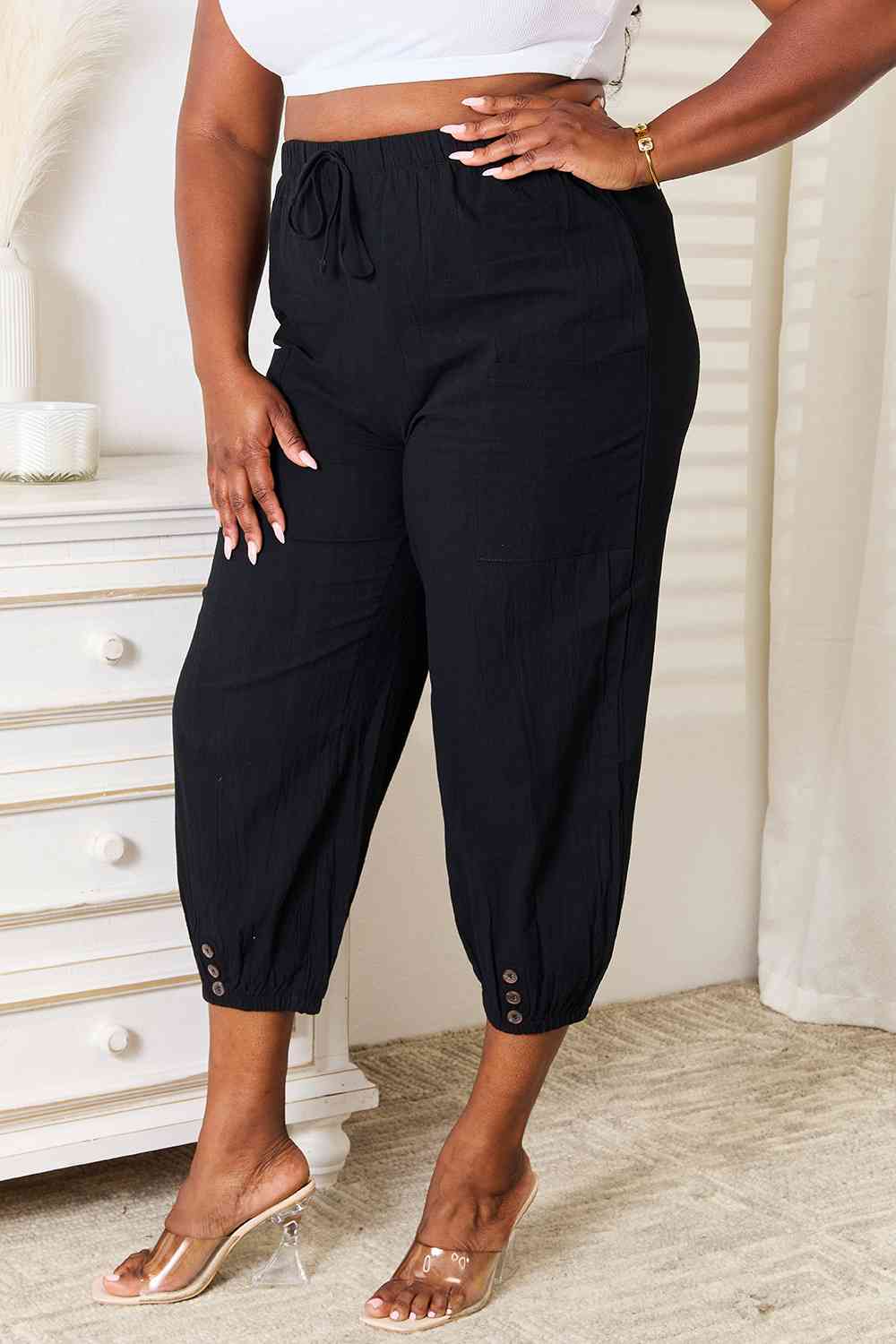 Double Take Decorative Button Cropped Pants BLUE ZONE PLANET