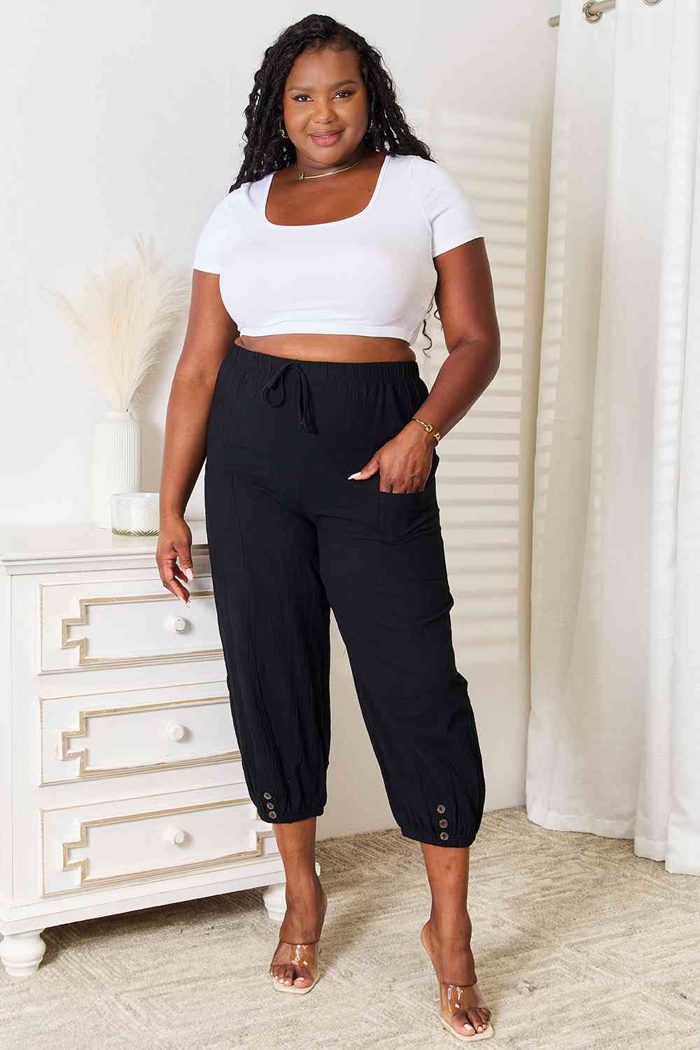 Double Take Decorative Button Cropped Pants BLUE ZONE PLANET