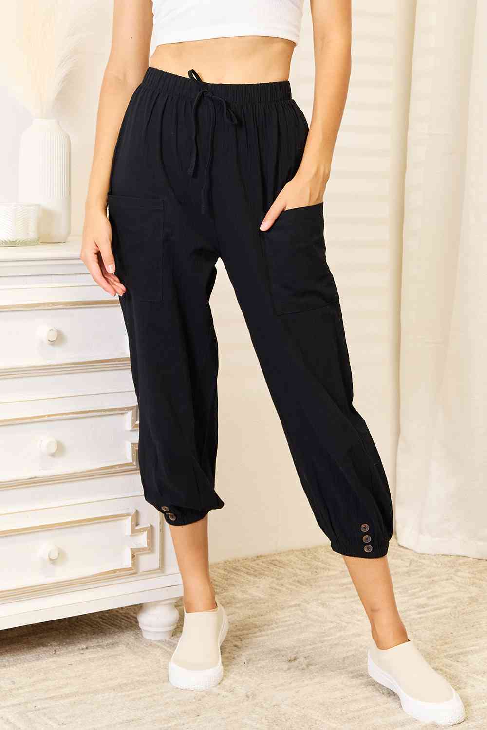 Double Take Decorative Button Cropped Pants BLUE ZONE PLANET