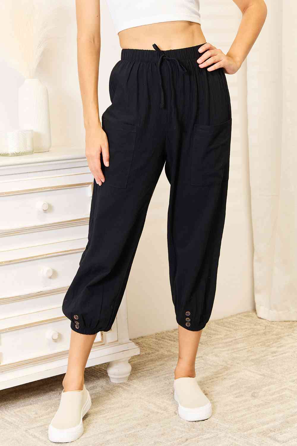 Double Take Decorative Button Cropped Pants BLUE ZONE PLANET