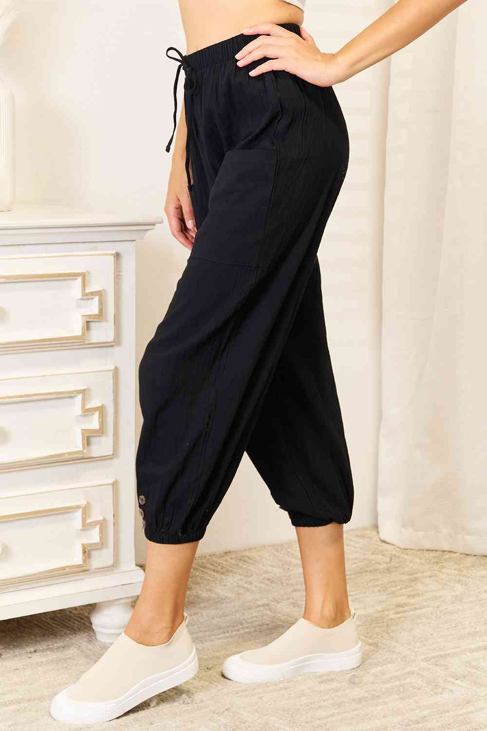 Double Take Decorative Button Cropped Pants BLUE ZONE PLANET