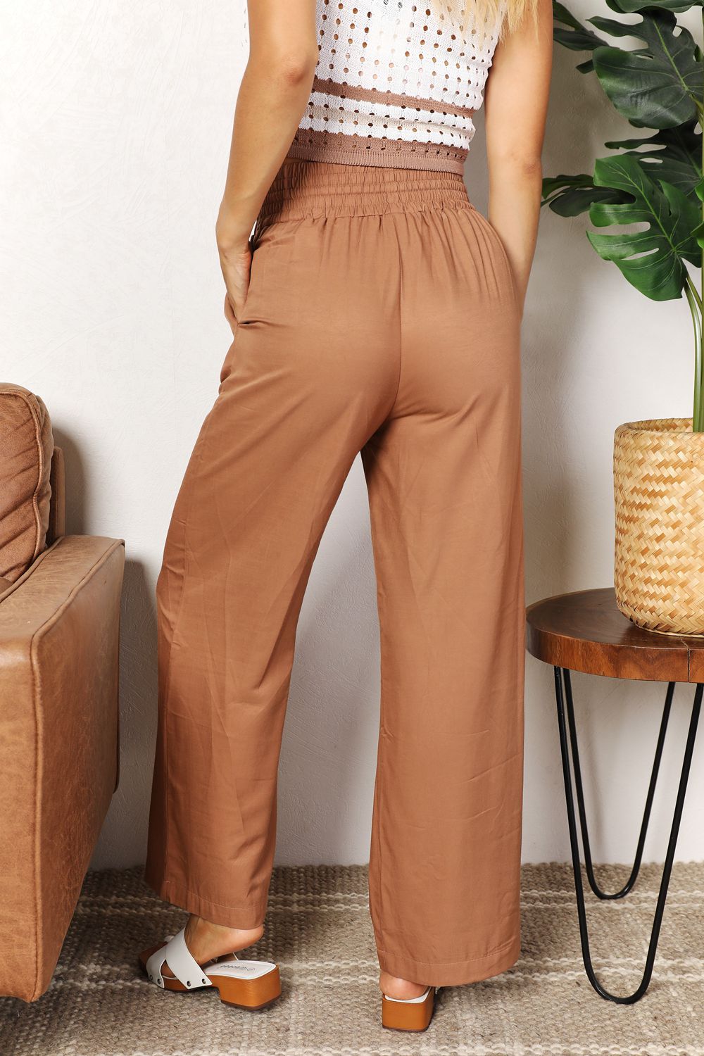 Double Take Drawstring Smocked Waist Wide Leg Pants BLUE ZONE PLANET