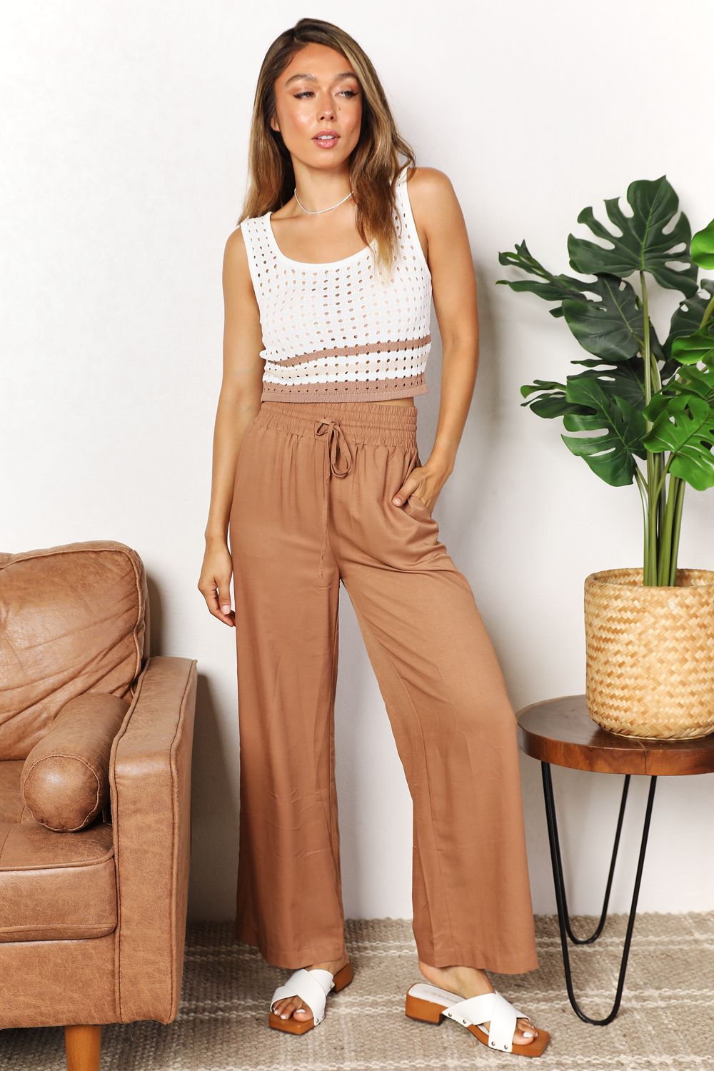 Double Take Drawstring Smocked Waist Wide Leg Pants BLUE ZONE PLANET