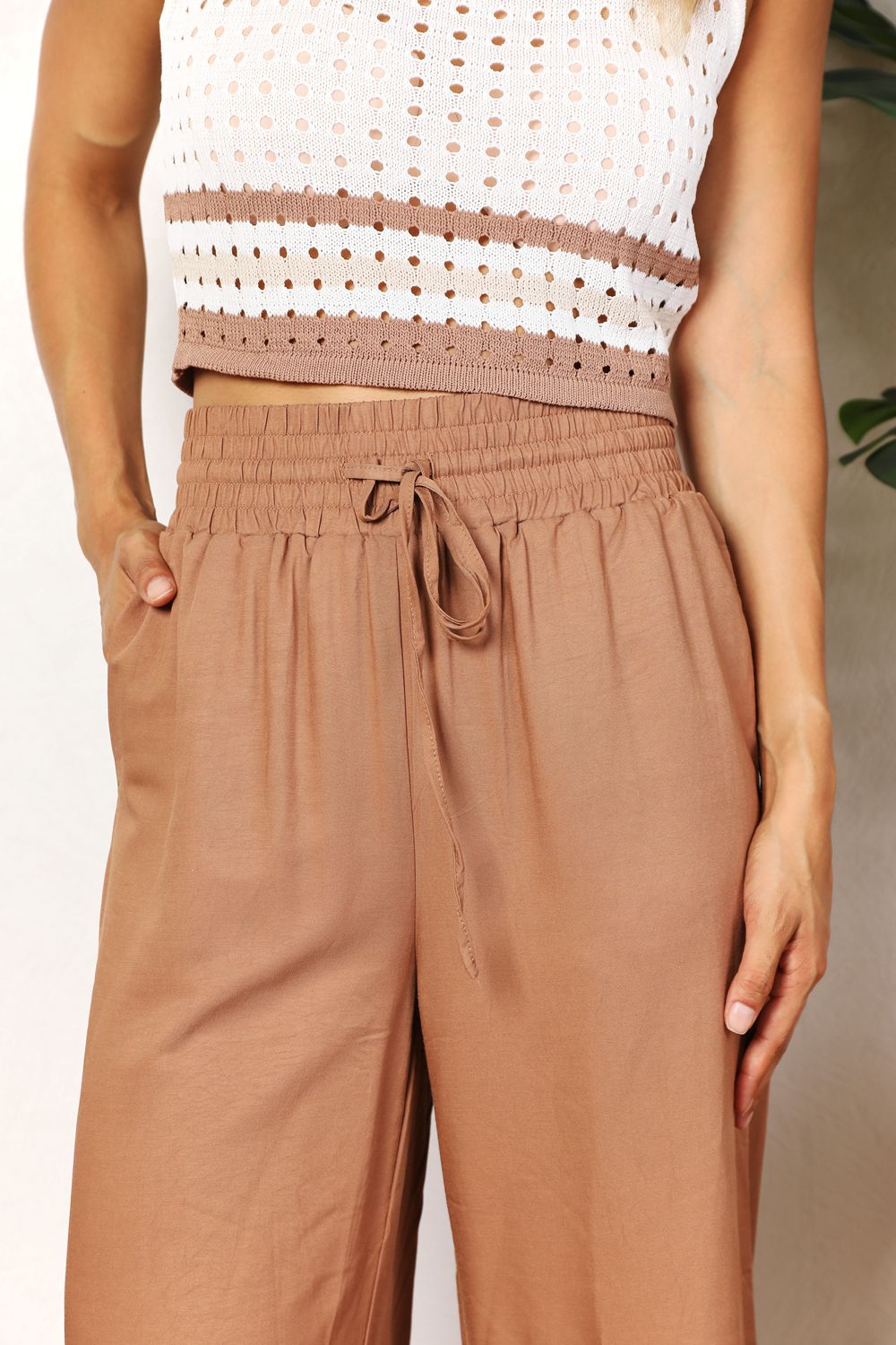 Double Take Drawstring Smocked Waist Wide Leg Pants BLUE ZONE PLANET