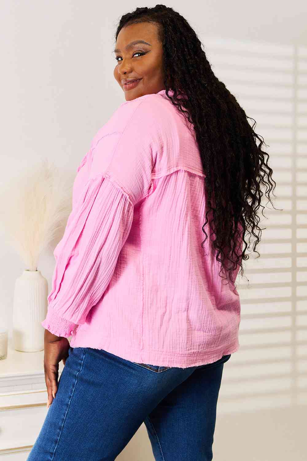 Double Take Exposed Seam Buttoned Notched Neck Blouse BLUE ZONE PLANET