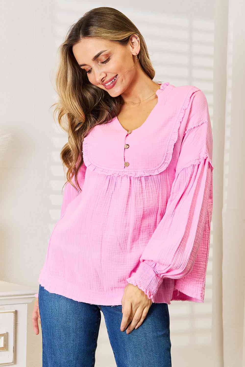 Double Take Exposed Seam Buttoned Notched Neck Blouse BLUE ZONE PLANET