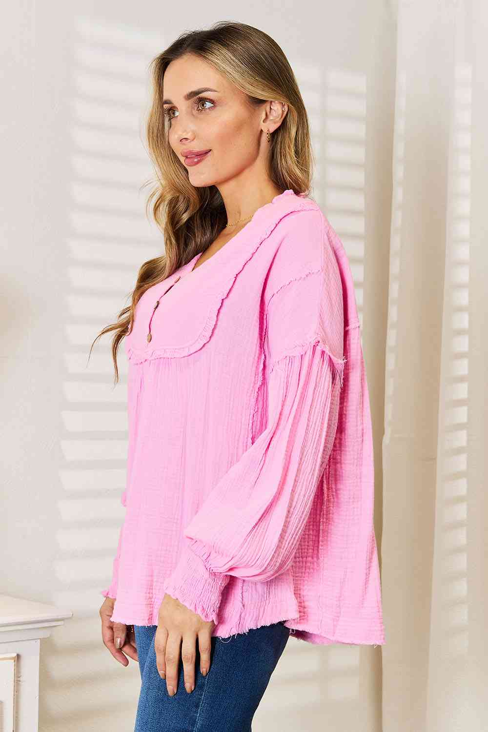 Double Take Exposed Seam Buttoned Notched Neck Blouse BLUE ZONE PLANET