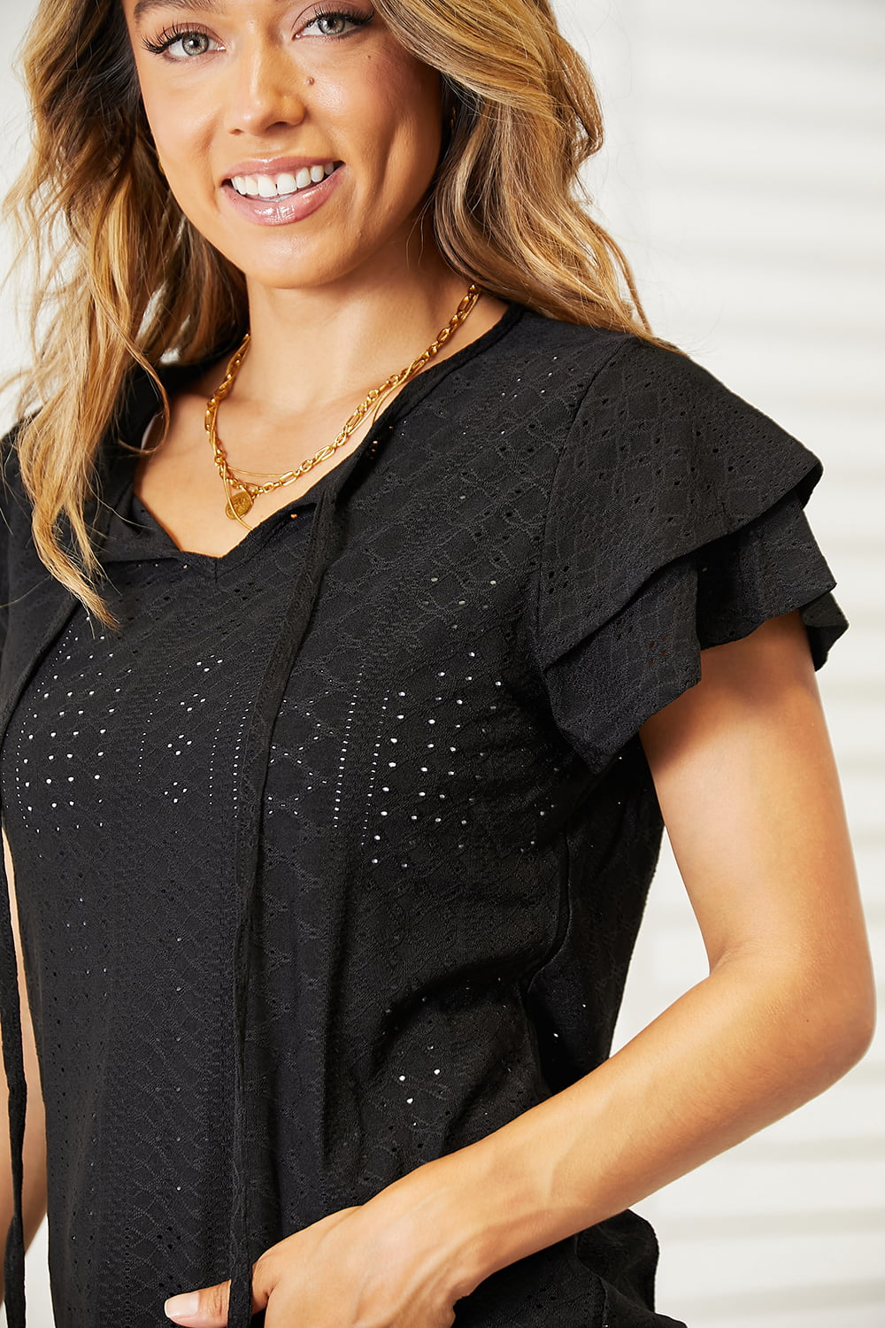 Double Take Eyelet Tie-Neck Flutter Sleeve Blouse BLUE ZONE PLANET