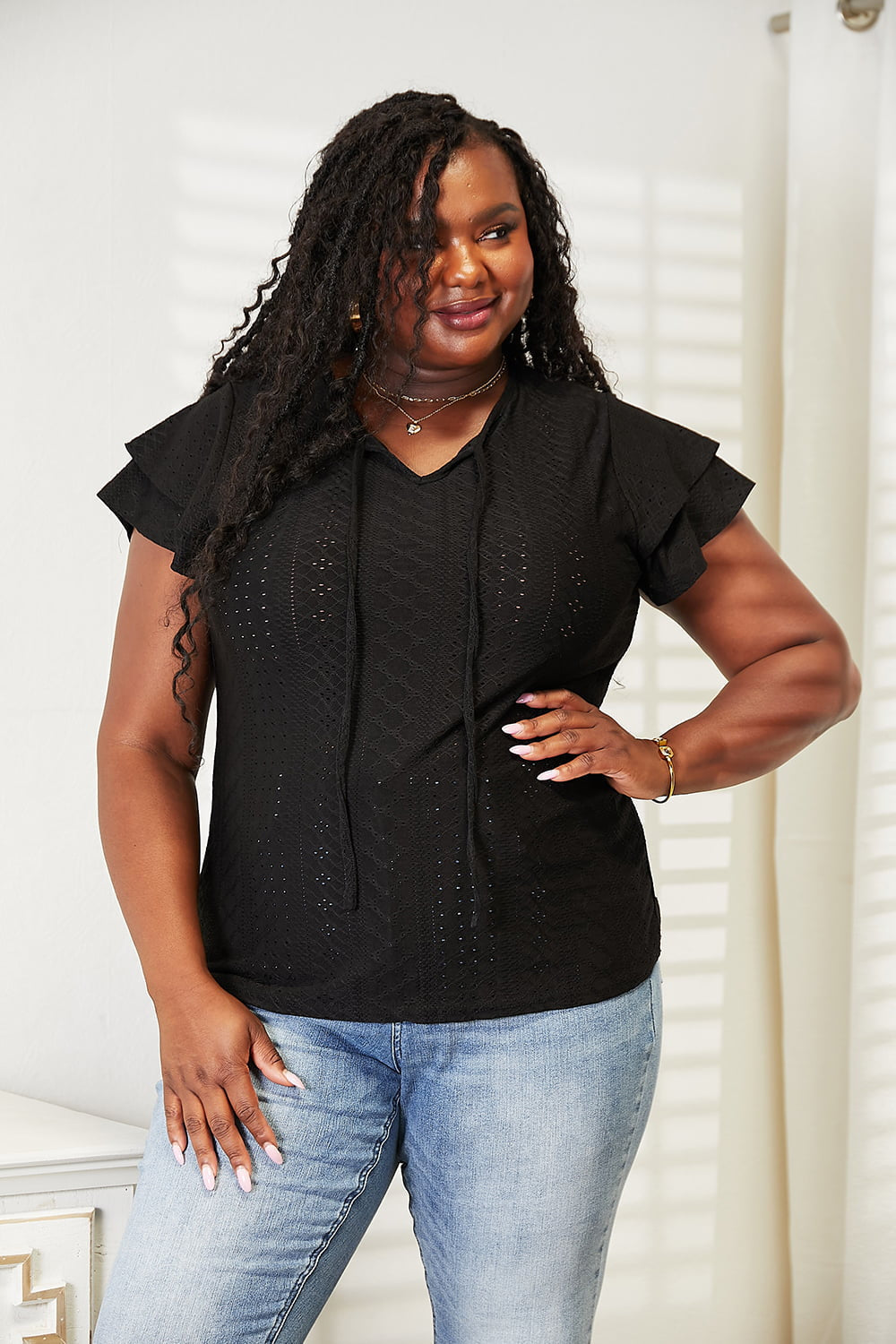 Double Take Eyelet Tie-Neck Flutter Sleeve Blouse BLUE ZONE PLANET