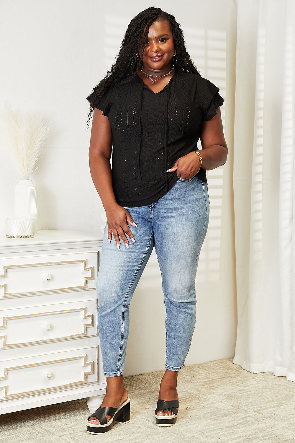 Double Take Eyelet Tie-Neck Flutter Sleeve Blouse BLUE ZONE PLANET